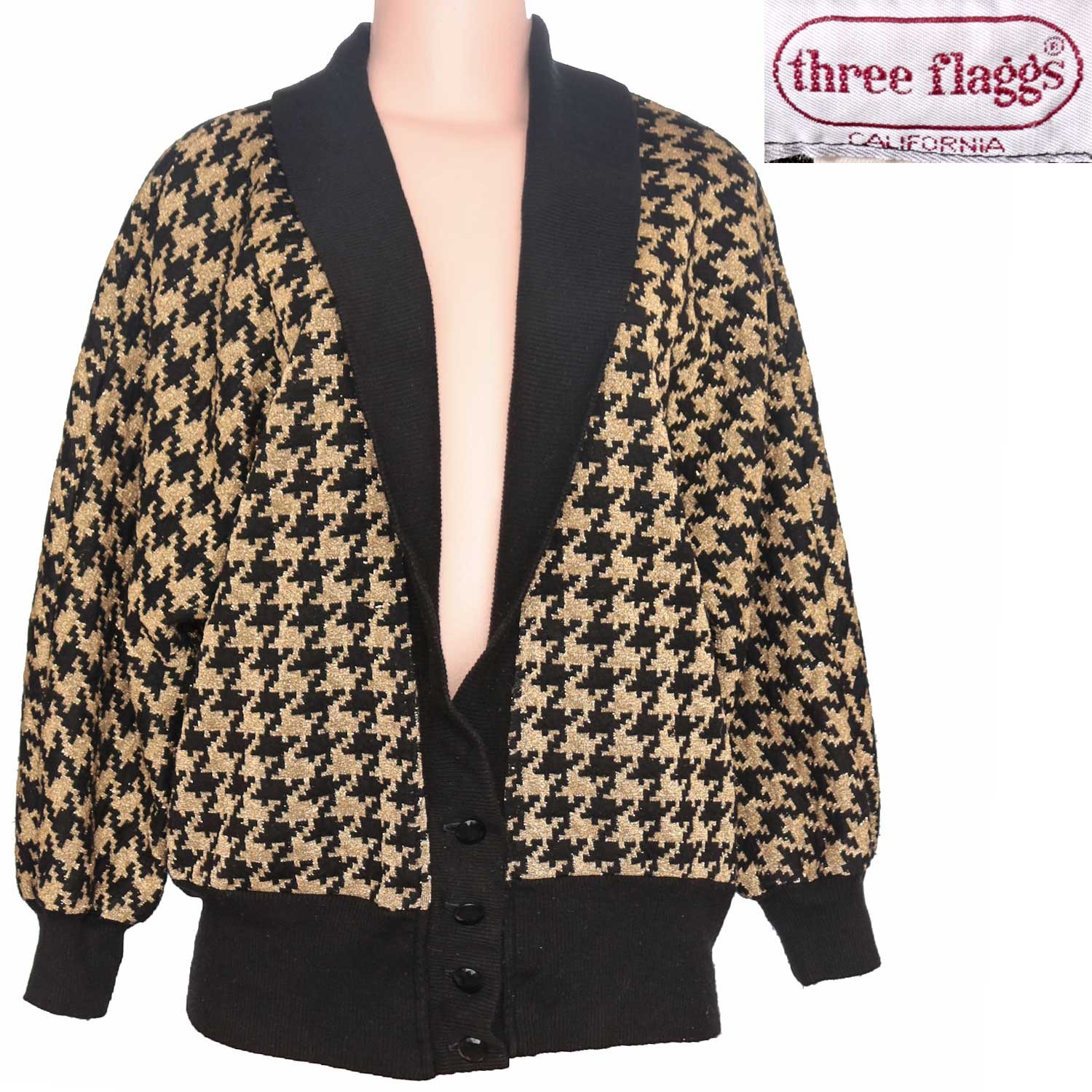 80s Vintage Sweater Metallic Gold Lurex Houndstooth Oversized New Wave Small