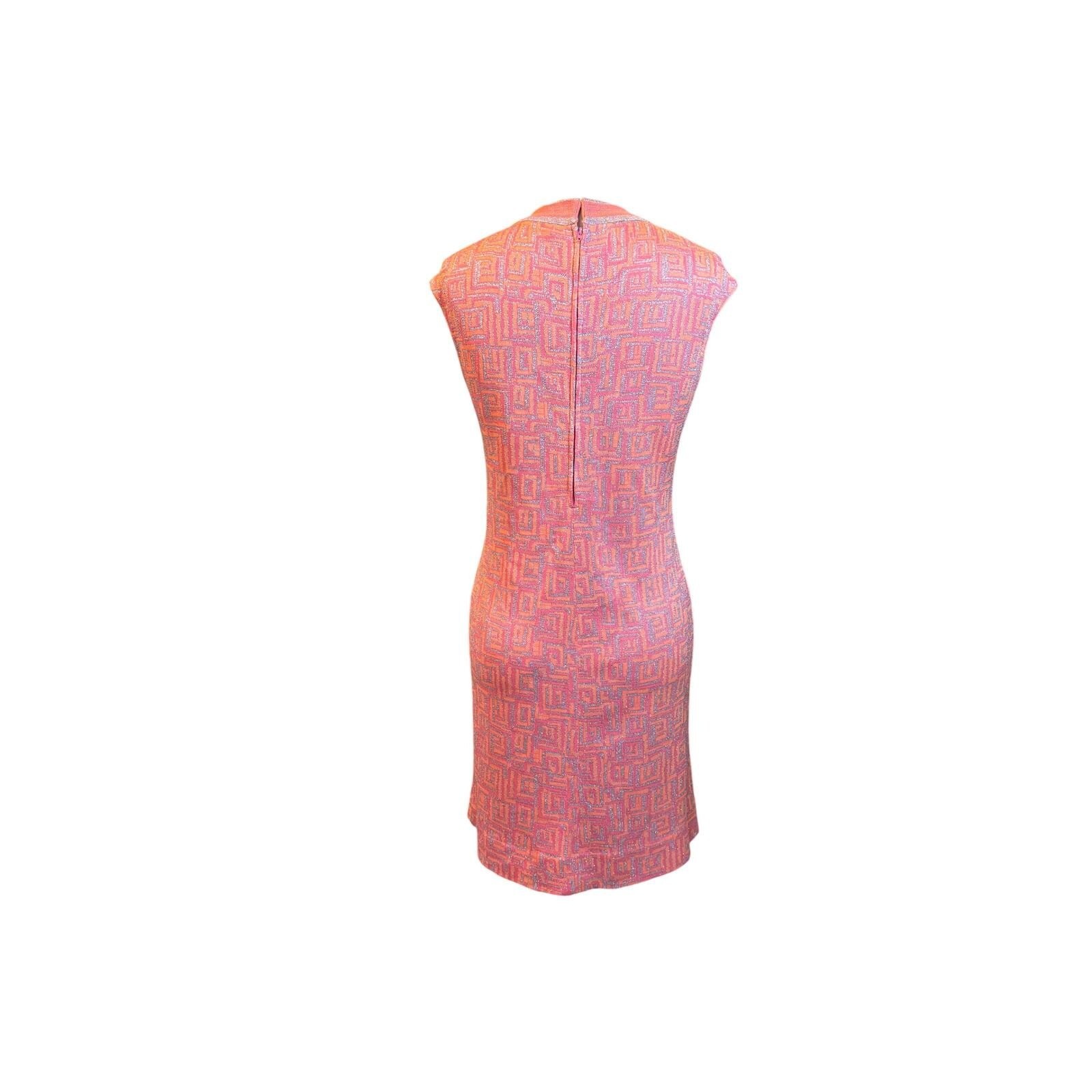 Mod Geometric Lurex Tannel Knits Sheath Dress Sleeveless Pink Orange Vintage