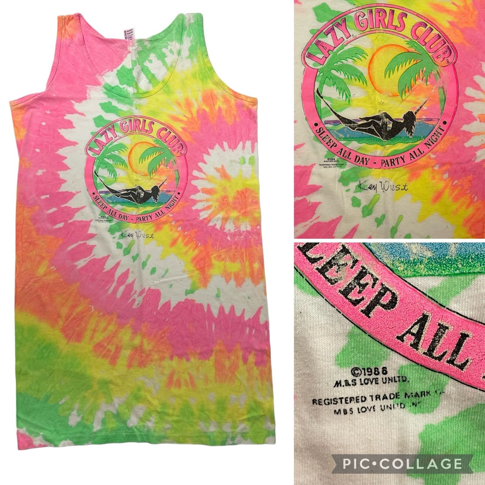 Vtg 80’s Anvil NEON Tie Dye Vacation Beach LAZY GIRL CLUB Party All Night Shirt
