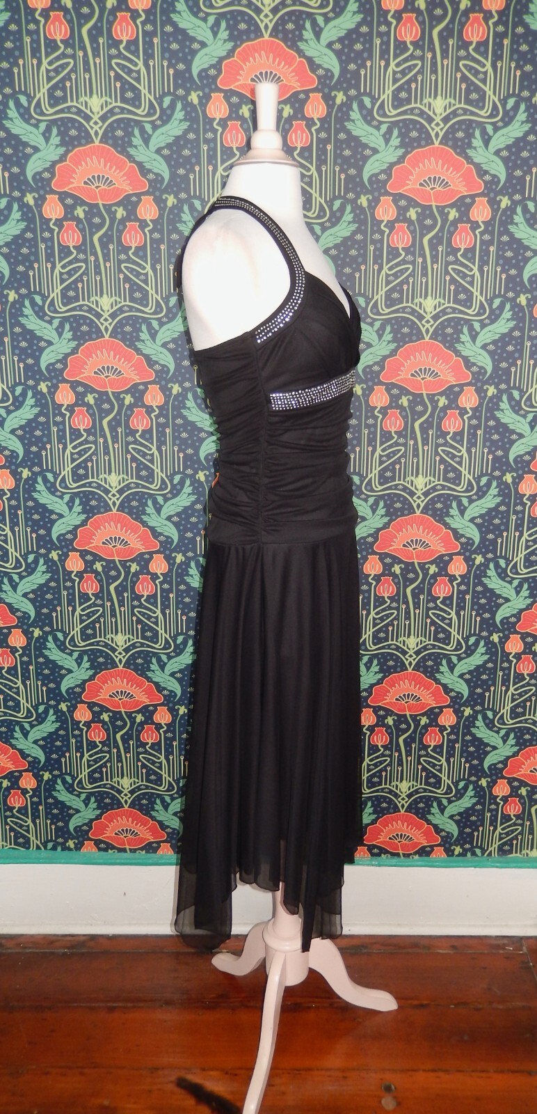 Vintage 90’s Y2K Black Whimsigoth Pointy Hem Halter Fairycore Mesh Party Dress