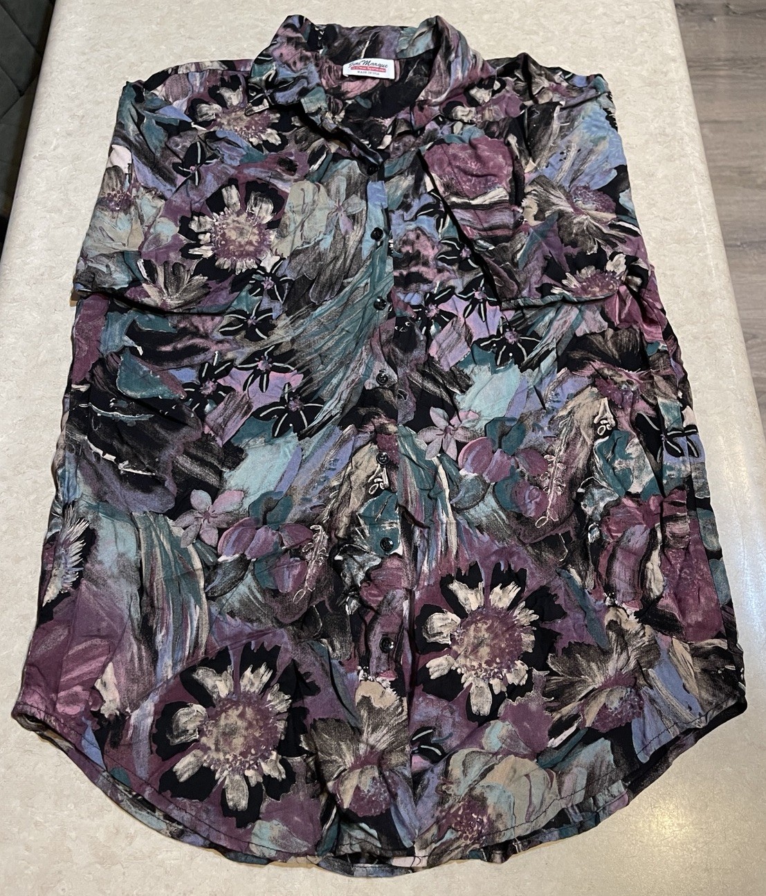 Jeri Marque Vintage 80s Rayon Floral Print Blouse Size Large Hawaiian Style