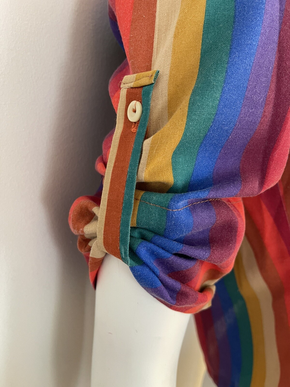 Vintage 1970s or 80s Byer California Rainbow Striped Drawstring Hem Top – Small