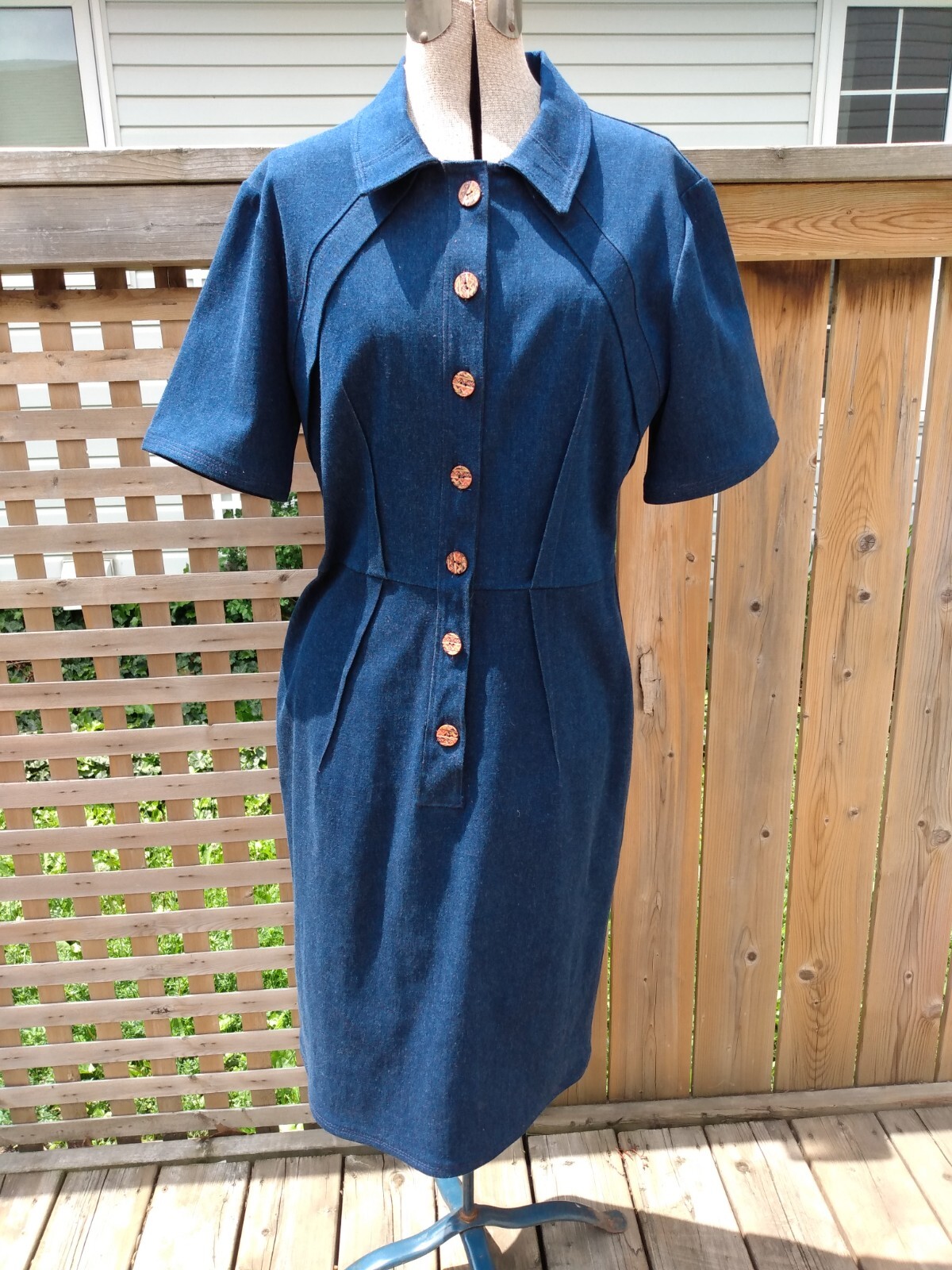 Vintage Denim Jean Dress Handmade Fitted Shirtdress 38″B 31″W 90s Retro