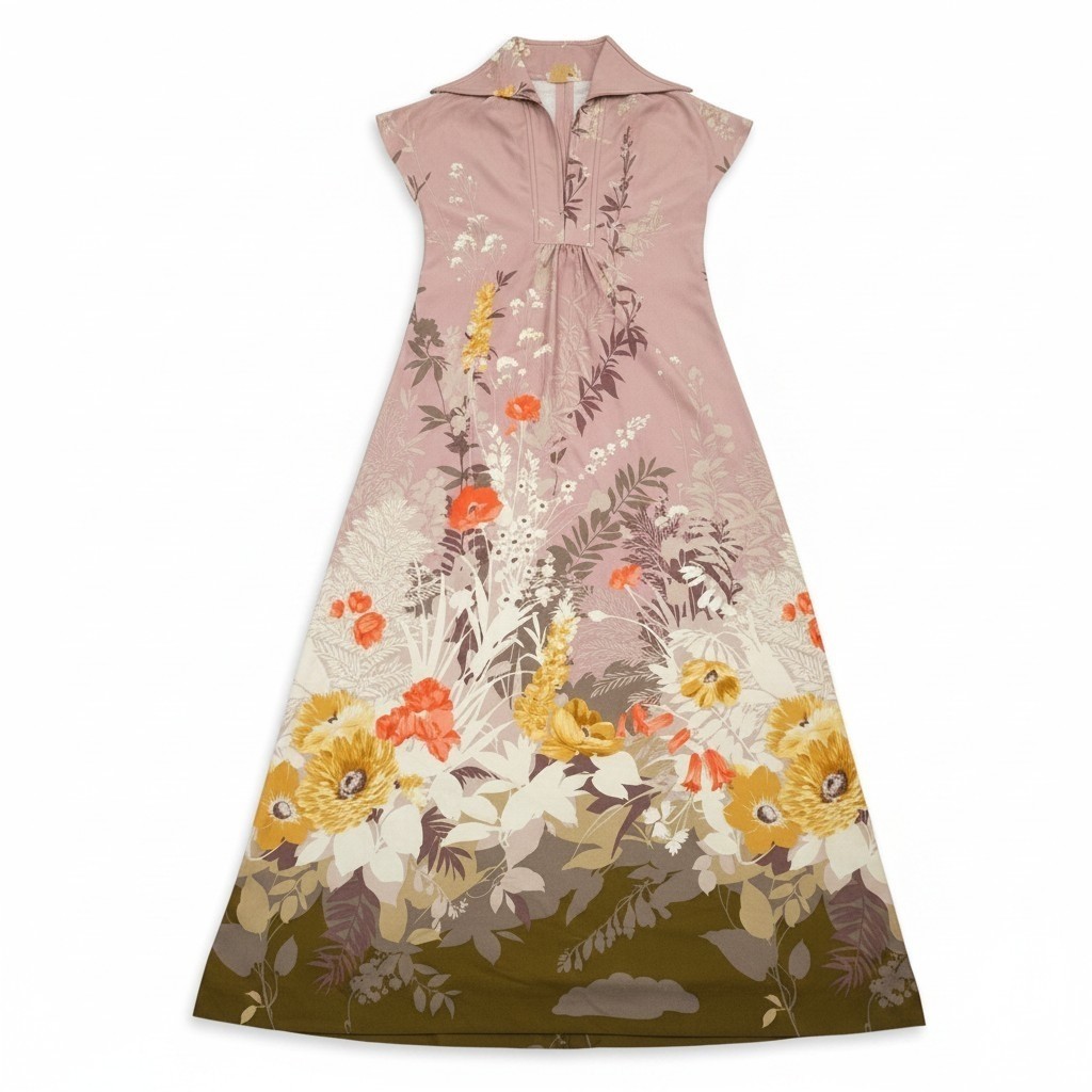 Vintage 70s McInerny Hawaii Floral Mandarin Collar Maxi Dress Muumuu Pink S/M