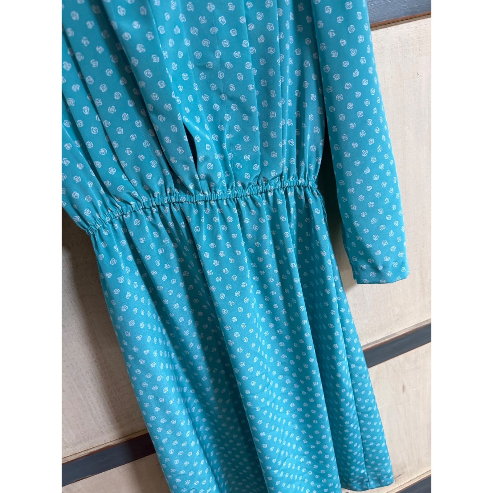 Pellini Petites Von Bramlett Vintage 80s Teal Rose Floral Midi Dress 9/10 USA