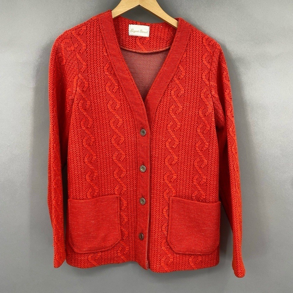 Vintage 60s Cable Knit Orange Cardigan Womens Medium Large Button Regent Street