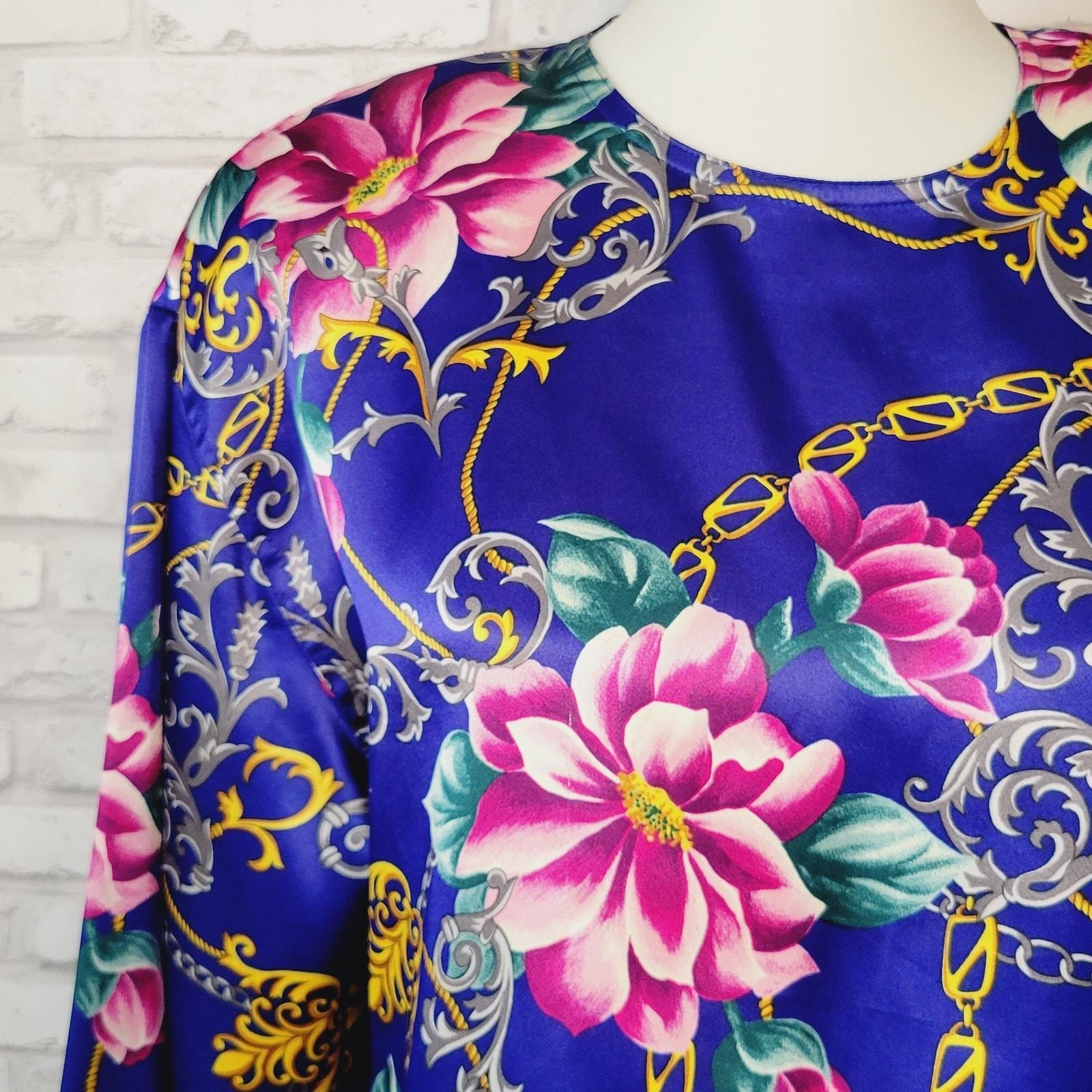 Vintage 80s Liz Claiborne Silky Polyester Top Sz 12 Equestrian Floral Mobwife
