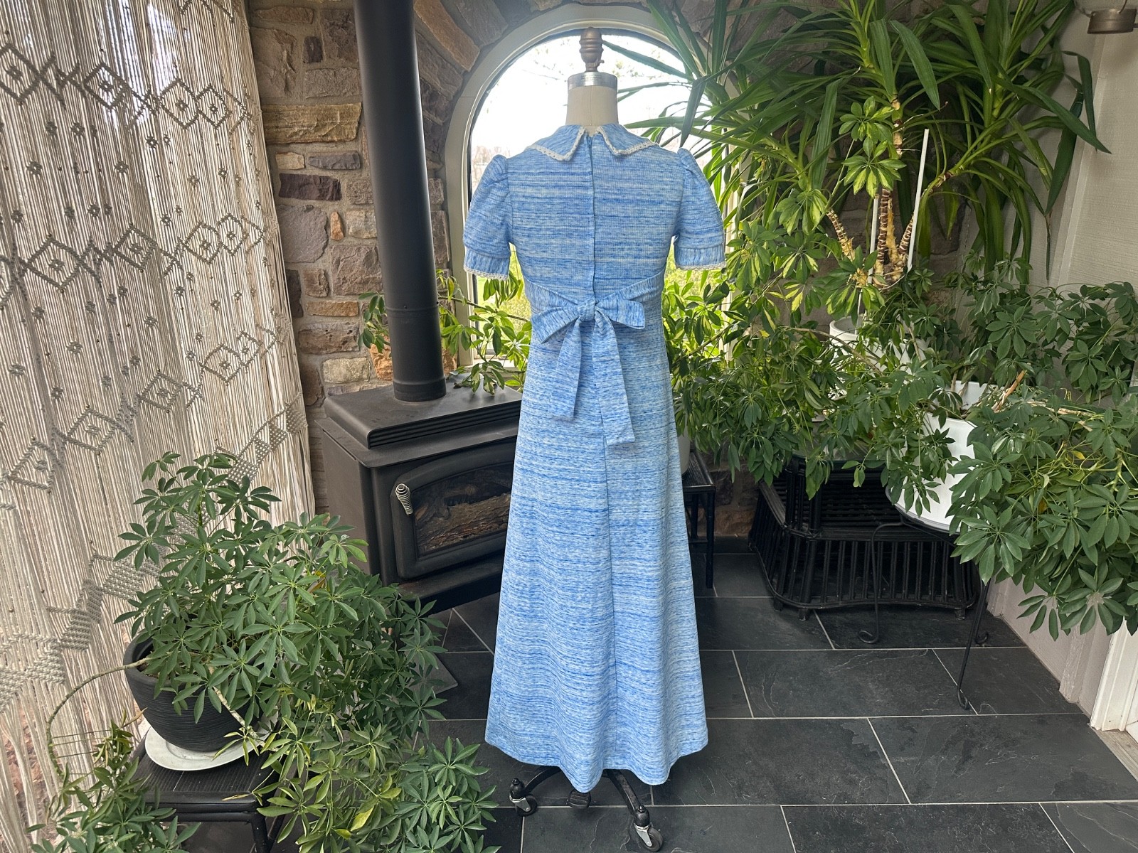 Vintage 1970s Blue and White Variegated Knit and Lace Baby Doll Maxi Dress