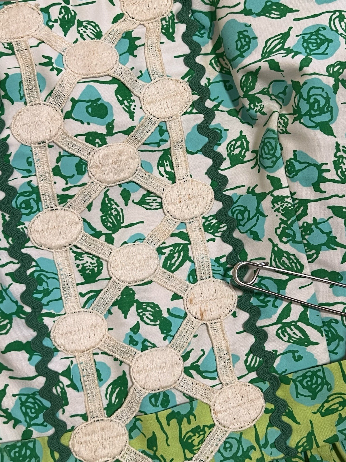 Vintage 1960s Lilly Pulitzer Dress Blue & Green Florals Rickrack Trim Tie Back