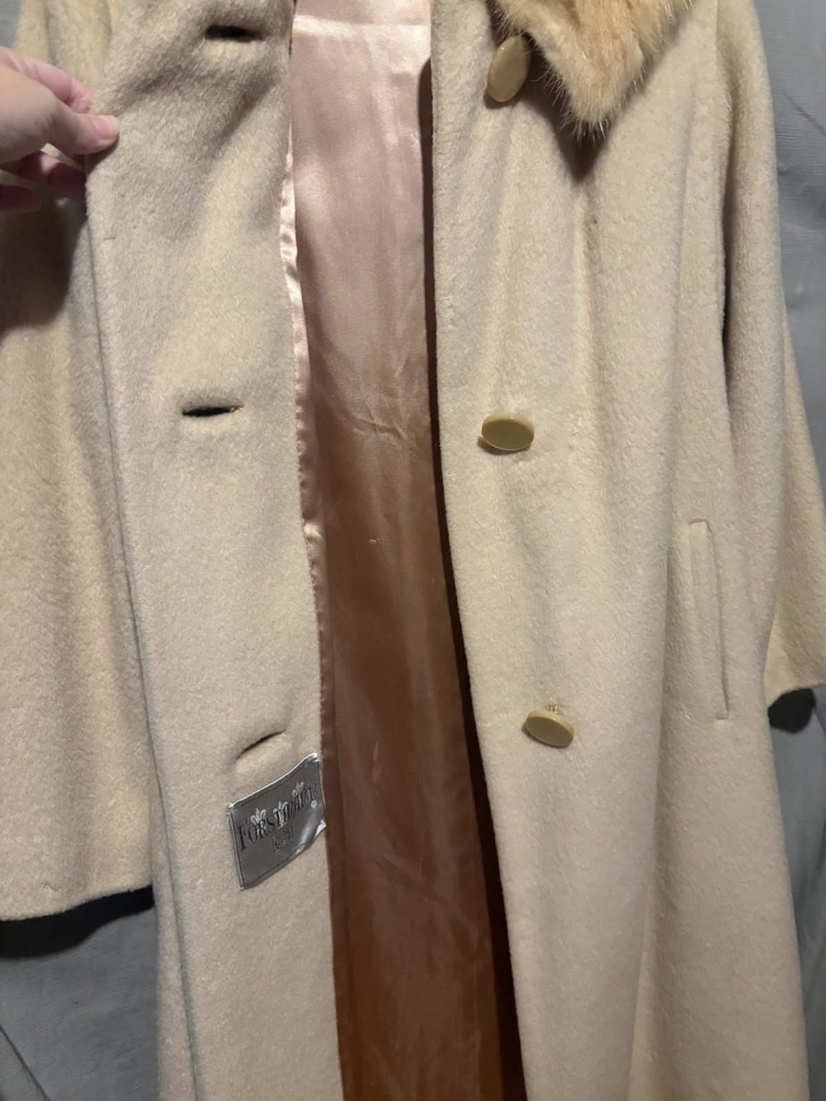 Vintage Forstmann Beige Wool Coat with Mink Fur Collar Small Some Damage!