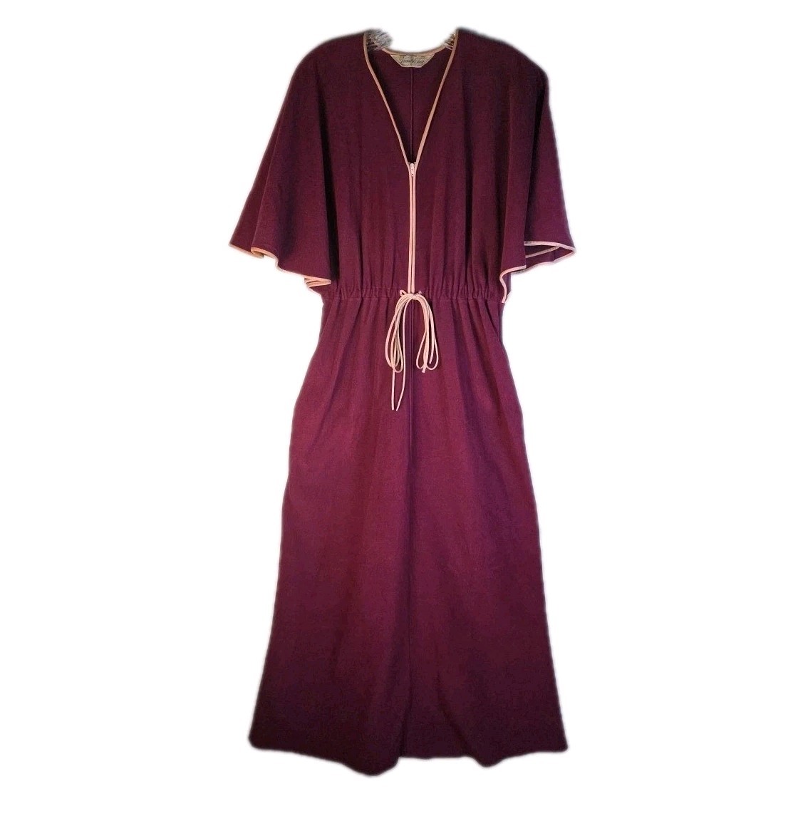 Vintage Vanity Fair Velour Sm House Dress Burgundy Wine Gown Front Zip Robe 70s