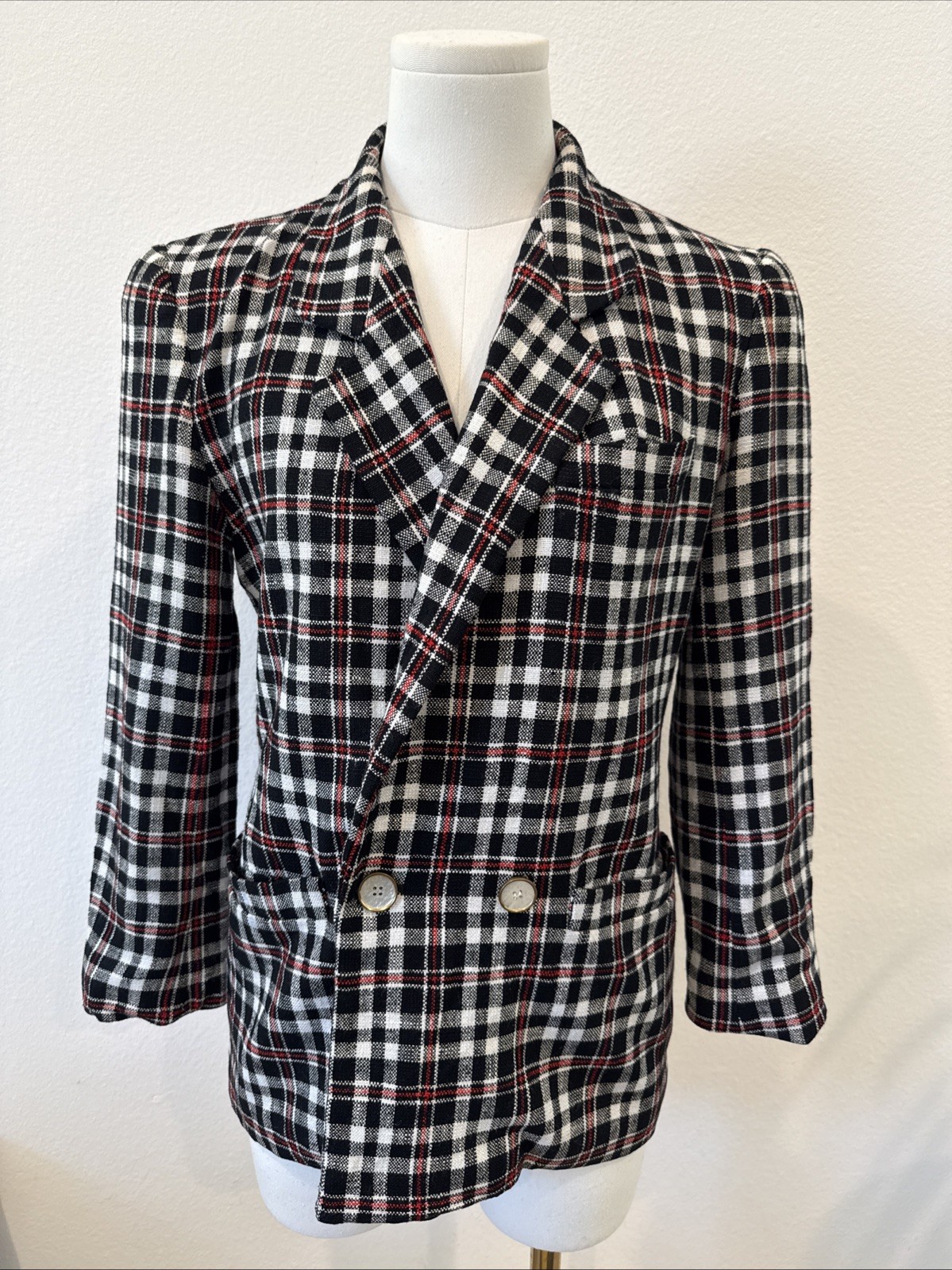Vintage 80s 90s Preppy Liz Claiborne Black Red White Plaid Blazer Petite S/M