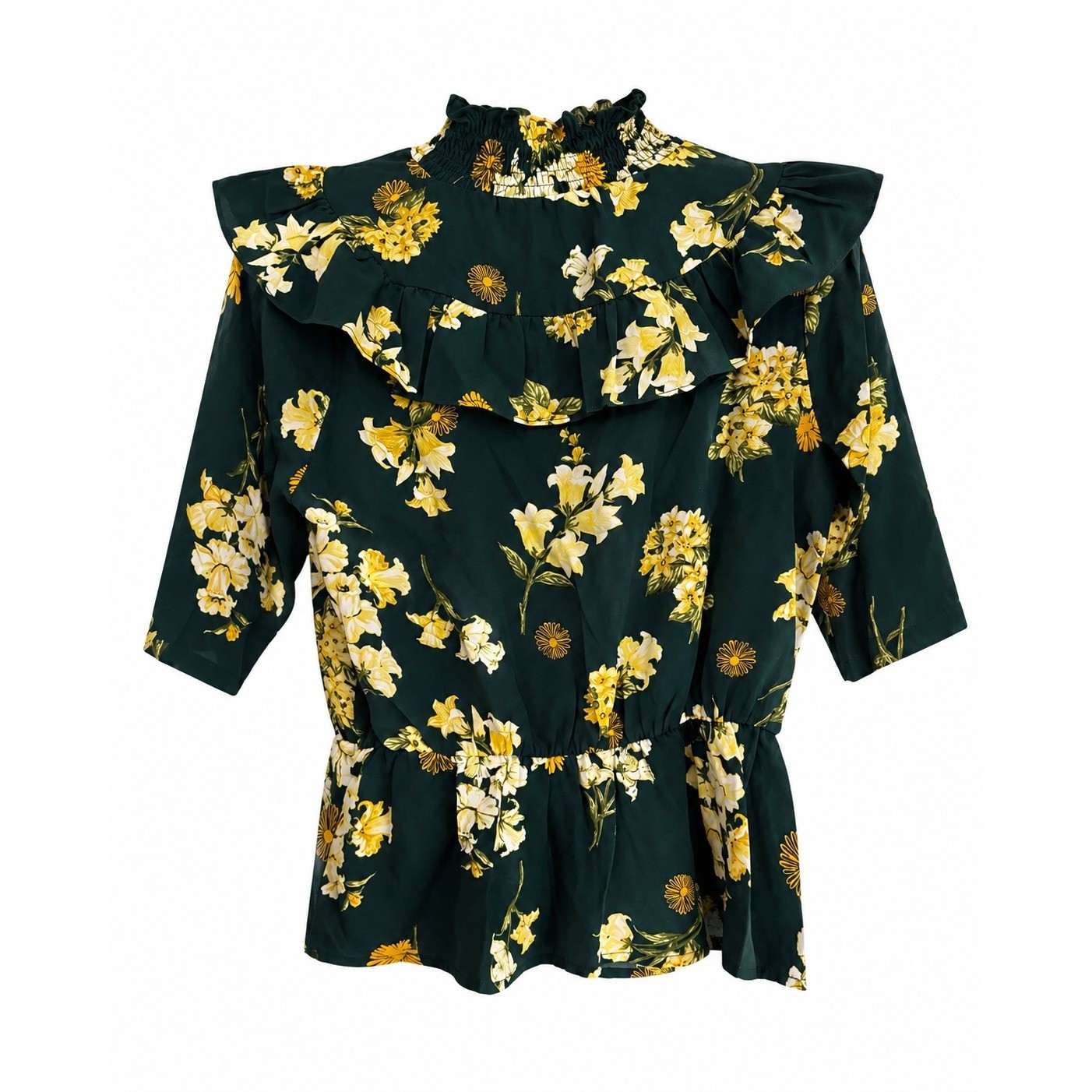 NWT Sugarlips Green Floral Ruffle Yoke Peplum Top Small Smocked Blouse MSRP $47