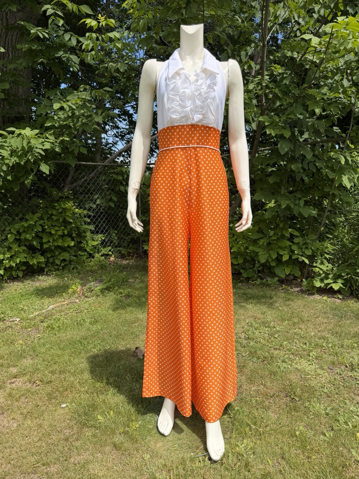 1960s 1970s BELL BOTTOM JUMPSUIT Vintage Romper Polka Dot Tuxedo Halter White