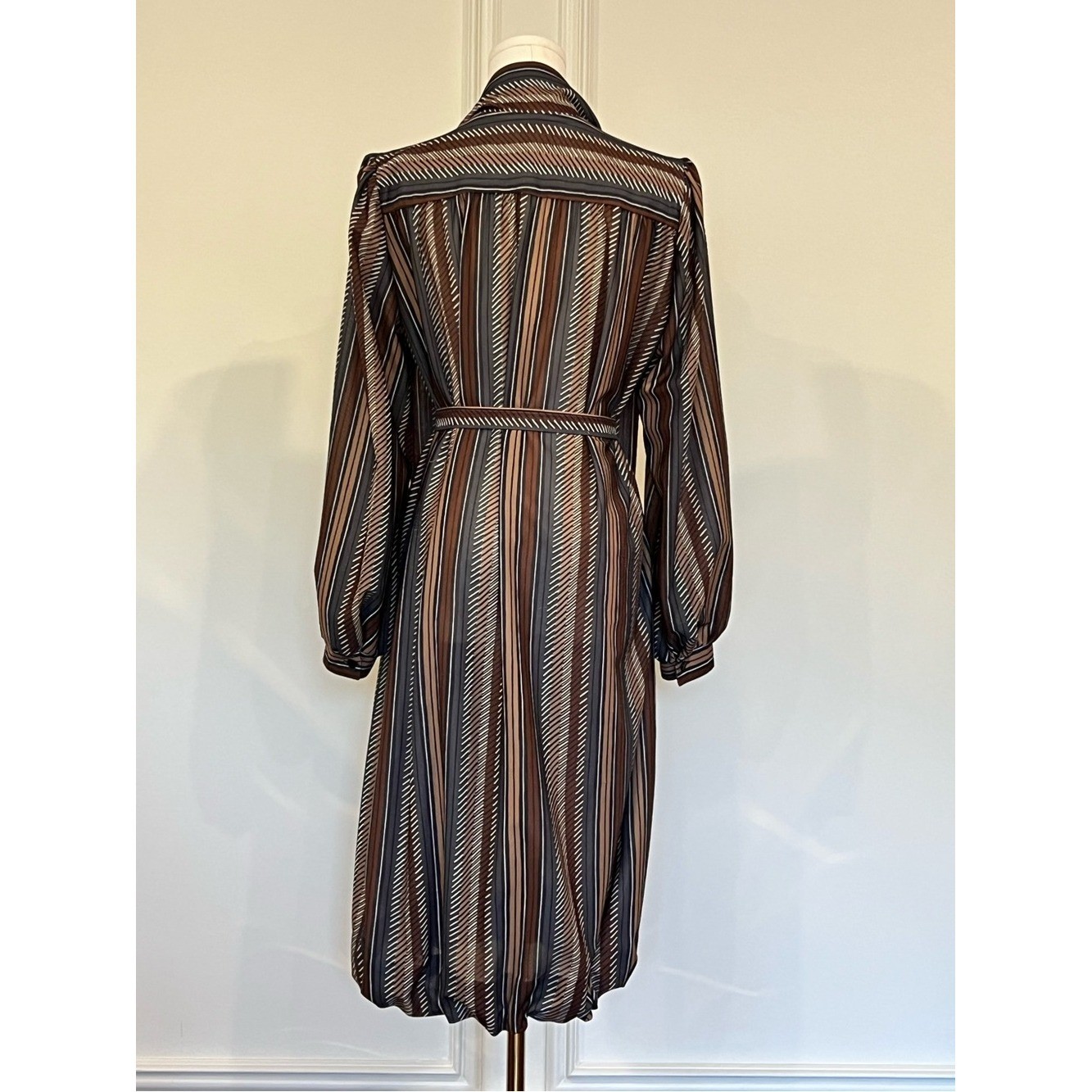 Vintage 70s Secretary Dress Brown Stripe Bow Scarf Neck Belted Blouson