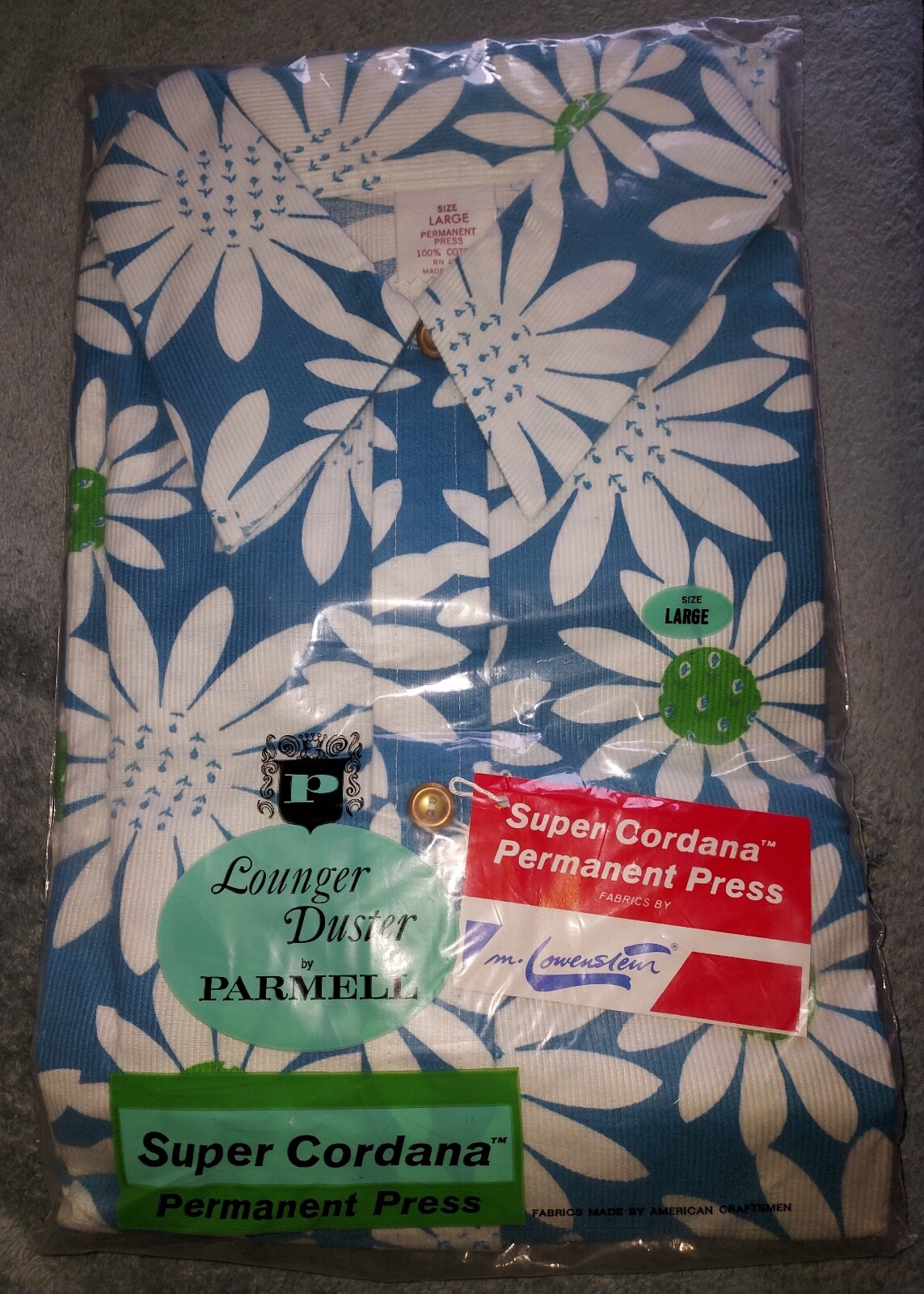 VTG 70s FLORAL LOUNGER DUSTER PARMELL LARGE COTTON PERMANENT PRESS FLOWERS USA