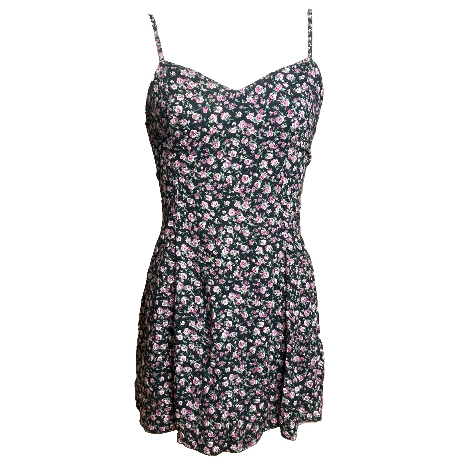 Vintage 90s Elan USA Black Grunge Floral Skater Dress L