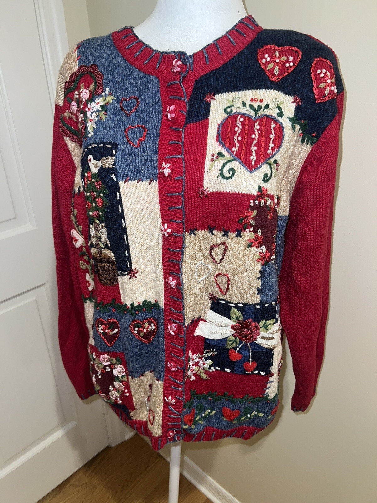 Vintage 2003 Heirloom Collectibles Patchwork Hearts Granny Teacher Cardigan M