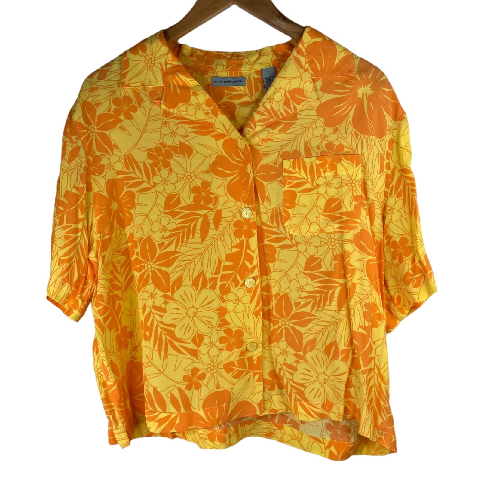 Vintage 90s Floral Hawaiian Shirt Petite Large Button Front Collared Rayon Tiki