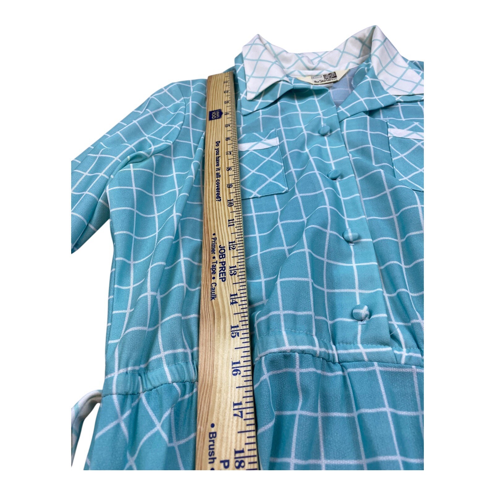 VTG 70s Sears The Fashion Place Shirtdress Blue Windowpane Check Belted Size 14
