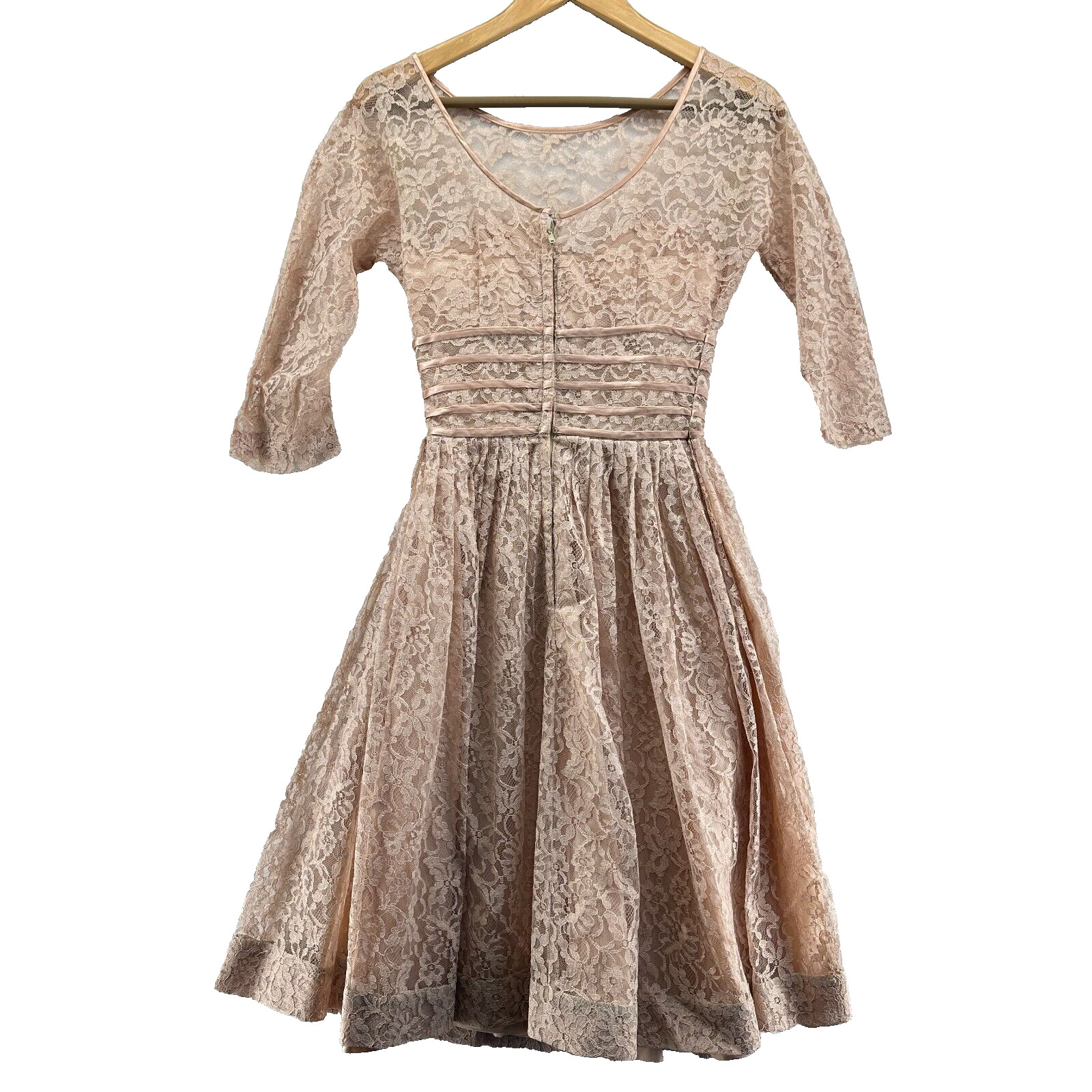 1950s Lace Dress Vintage Cocktail A Line 3/4 Sleeve Satin Lined Beige Nude Blush