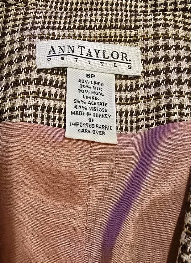 Vintage Ann Taylor Petites Houndstooth Blazer Jacket 8P Wool Silk Linen Blend