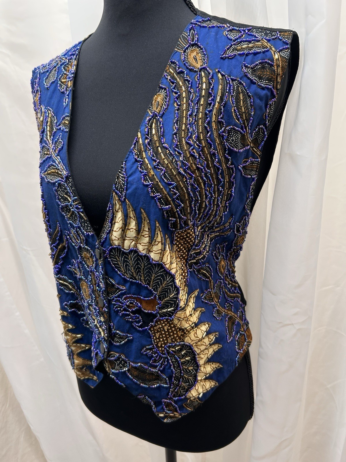 Vintage Tan Cita Womens M Blue Gold Beaded Embroidered Vest Boho Y2K Tie Back