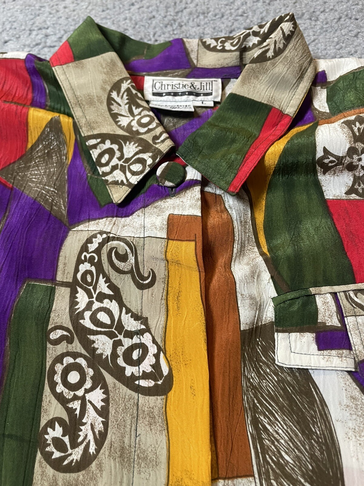 80s Christie & Jill Button Up Blouse L Red Purple Abstract Paisley City Festive
