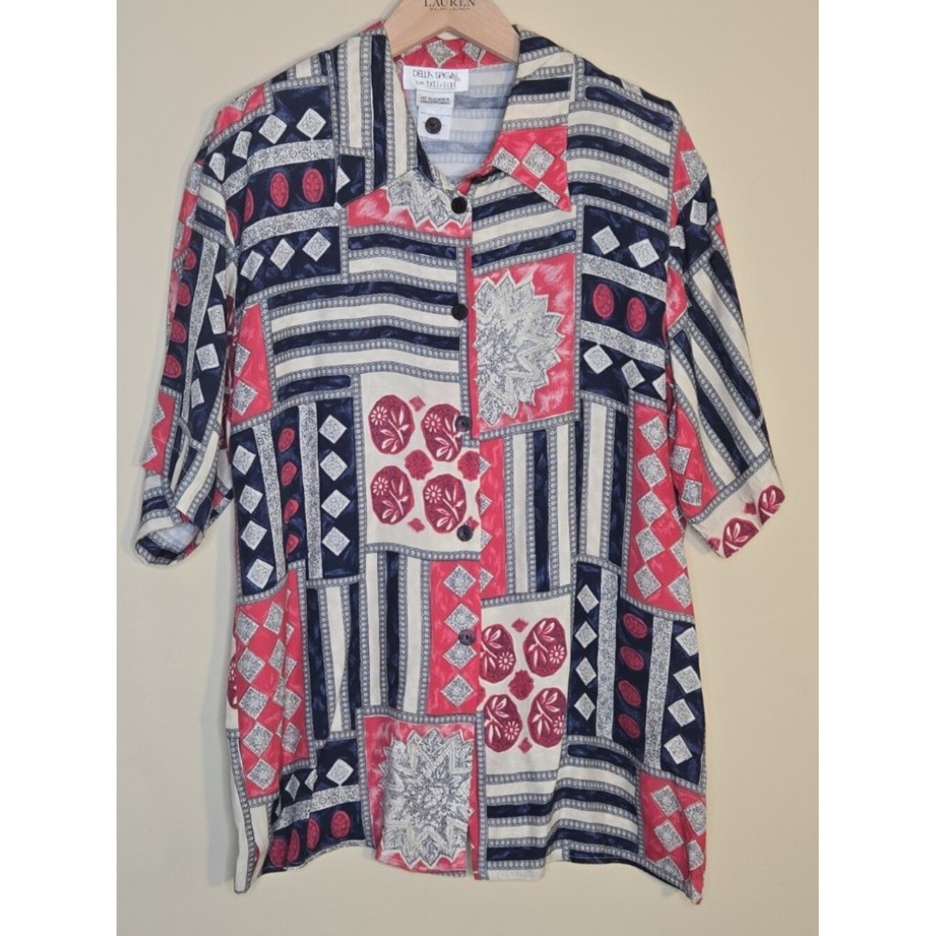Della Spiga Tall Girl Vintage Geometric Patchwork Shoulder Pad Blouse 16