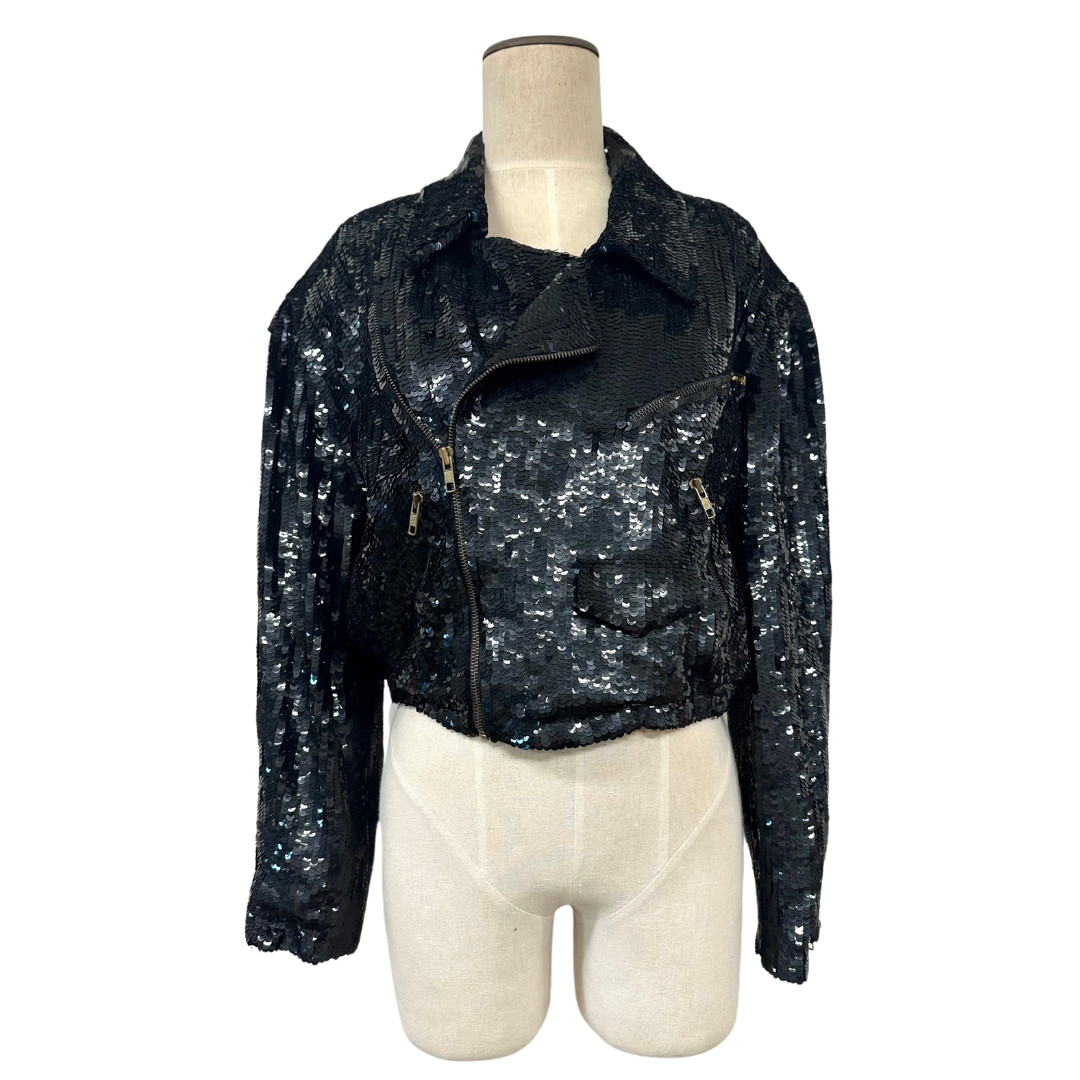 Vintage 1980s MODI Black Sequin Zip Up Rocker Biker Glam Moto Jacket