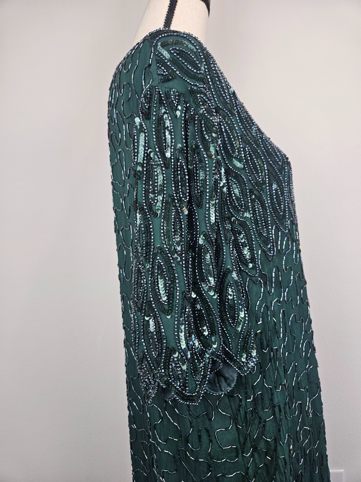 Women’s Vintage Beaded 100% Silk Emerald Green Dress Size 2X