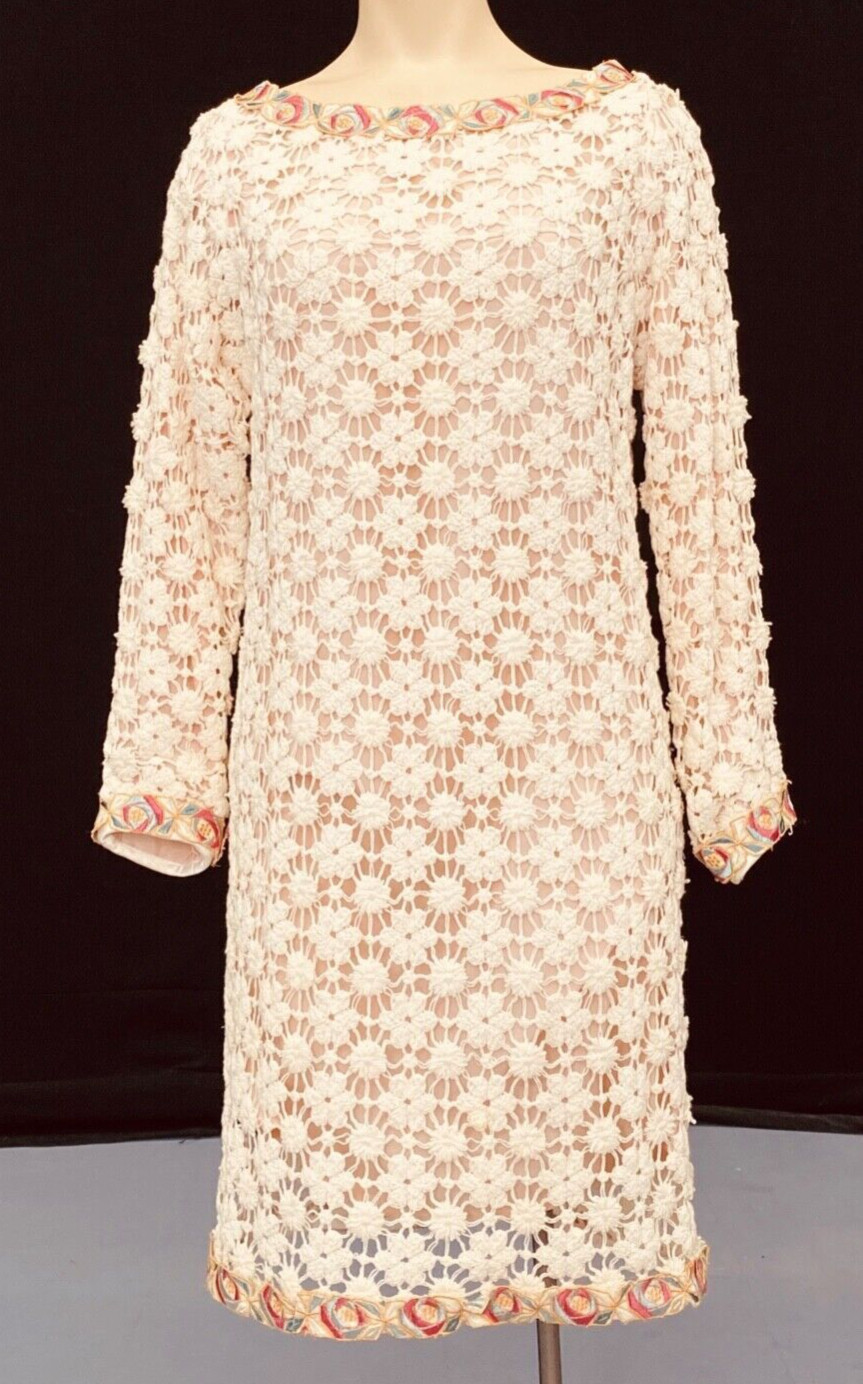 Vintage 1960s white crochet I. Magnin dress, lace long sleeve embroidered floral
