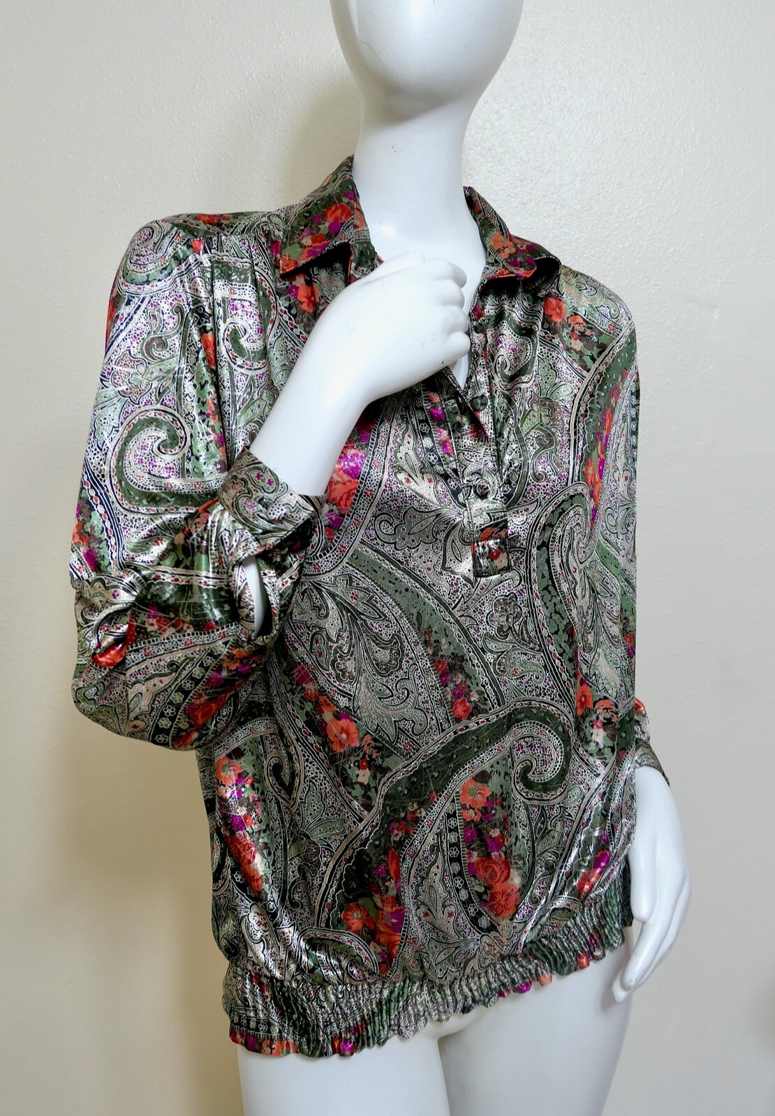Vintage 70s Shimmer Metallic Henley Top Blouse Mid Century Lady Diplomat L XL
