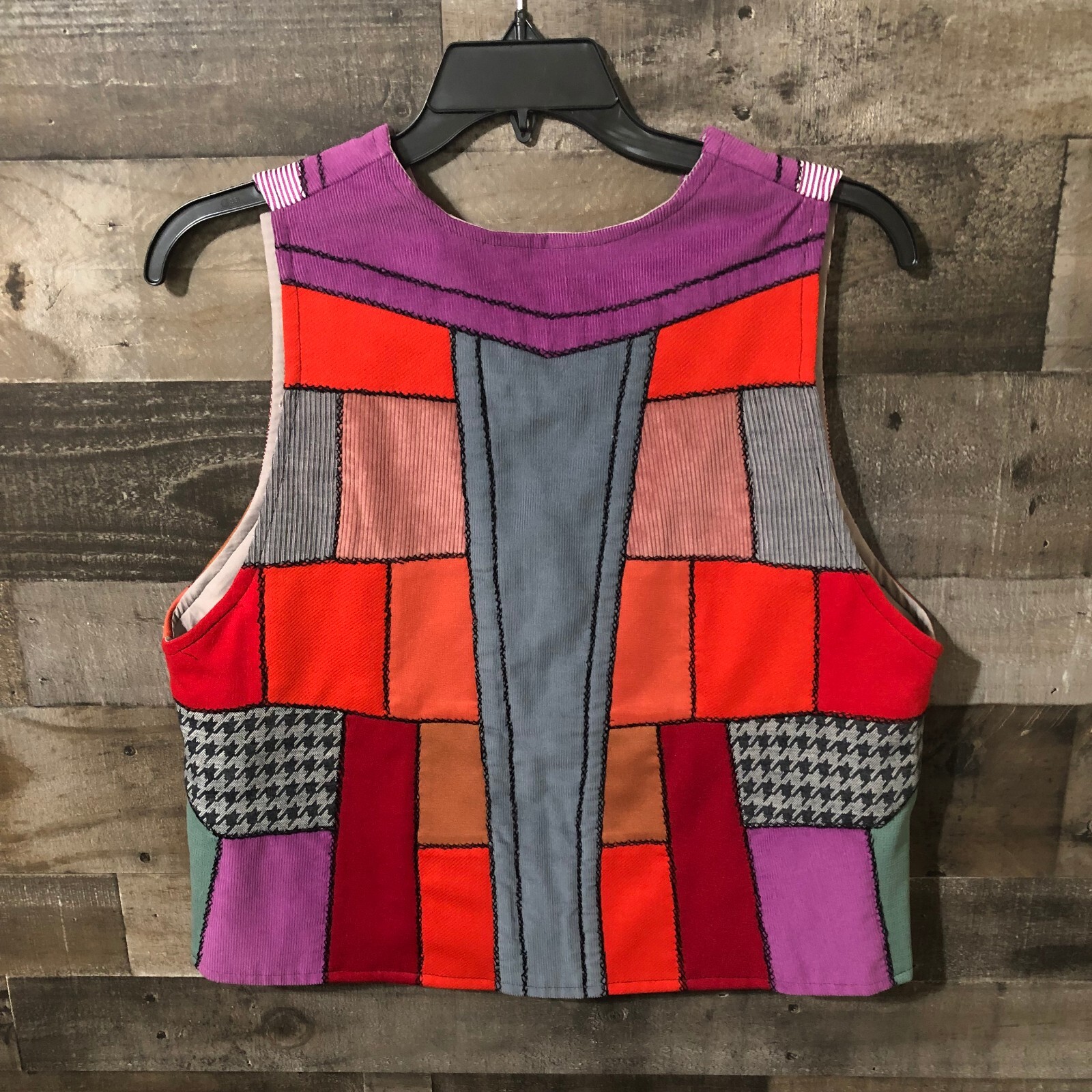 Patchwork Womens Dopamine Quilted Hand Crafted Artsy Vest Vtg Folk Hippie L