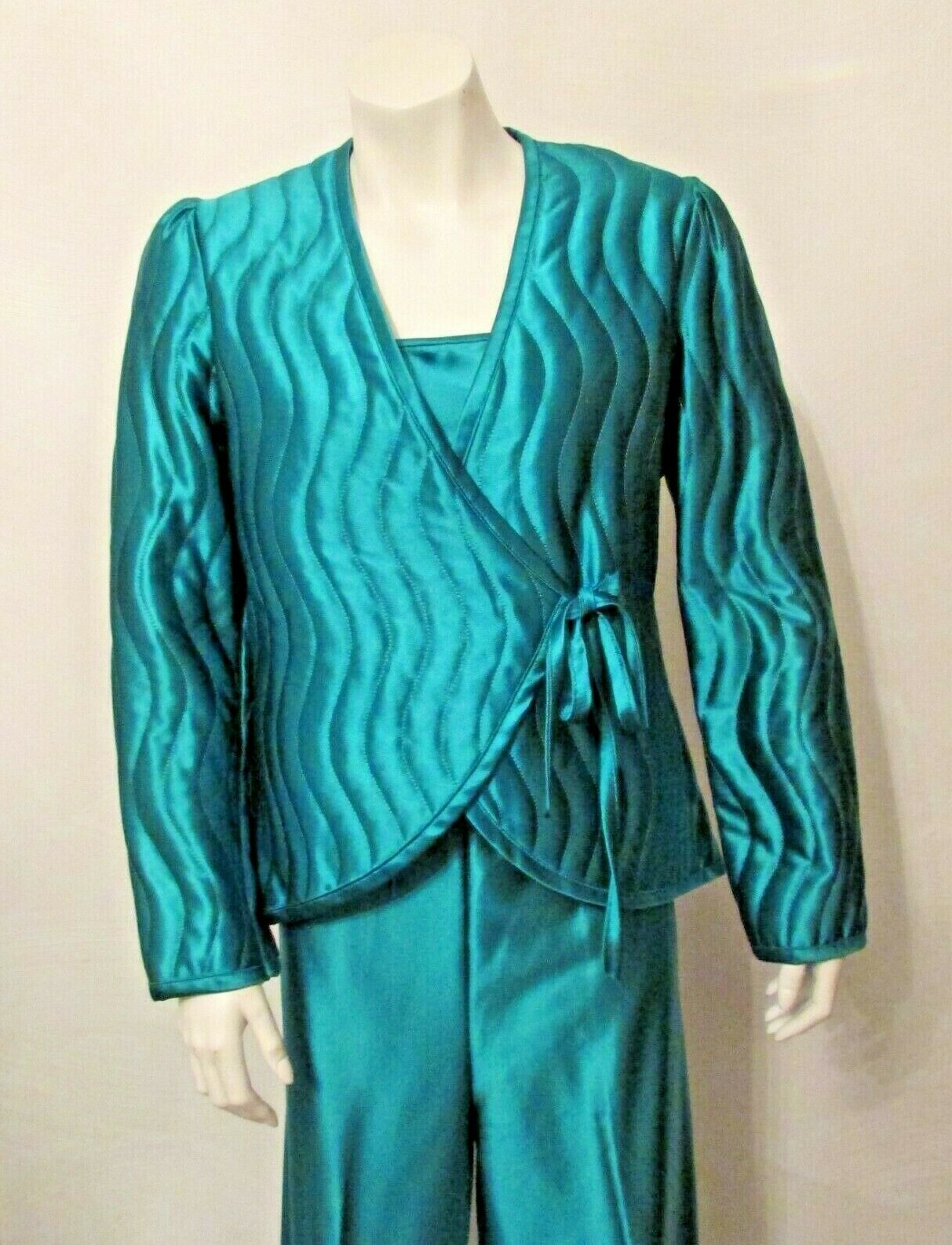 3pc Daffodil Green Lounge Pajama set Quilted Jacket Camisole Pants M USA made