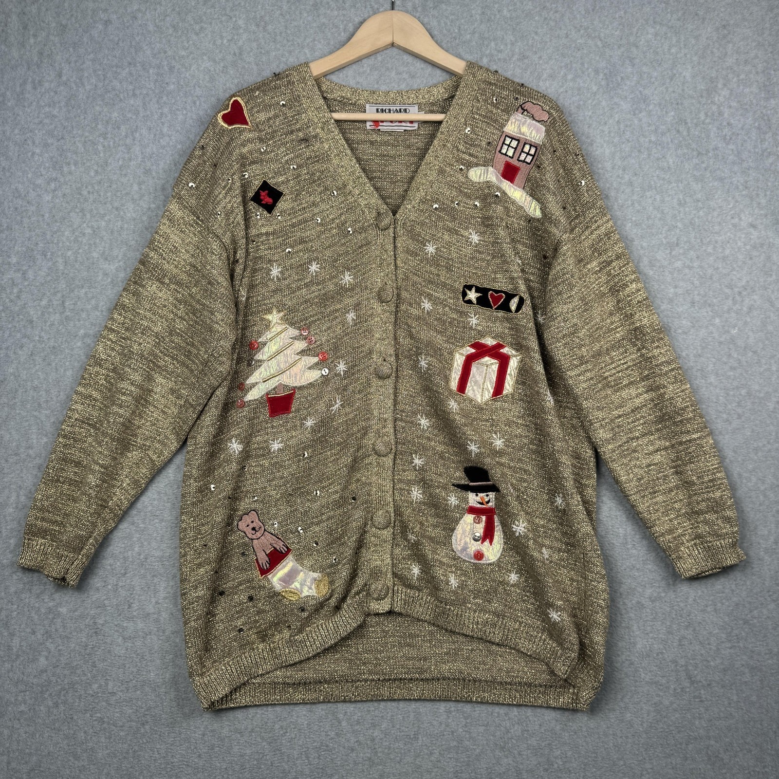 VTG Richard Sport Cardigan Sweater Womens L Gold Metallic Christmas Embroidered