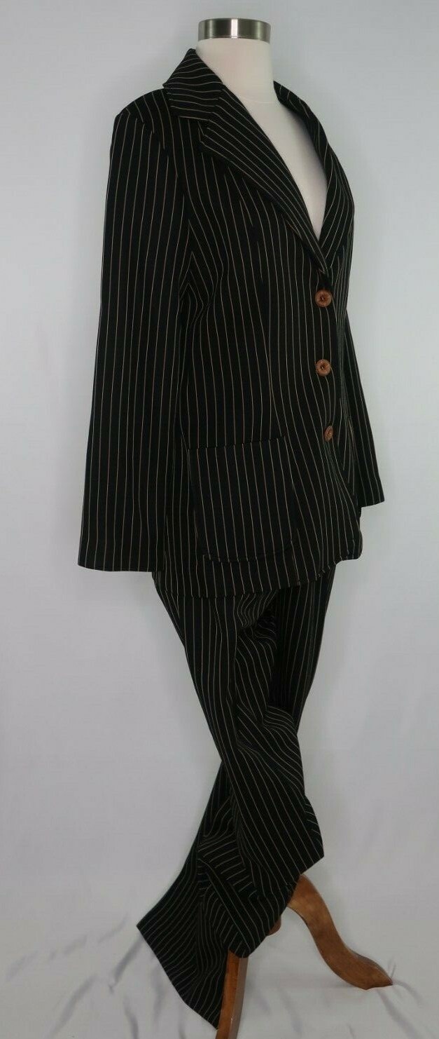 VTG 70s Fairfield Zio ILGWU Black Tan Pinstripe Poly Pant Suit Sz 12