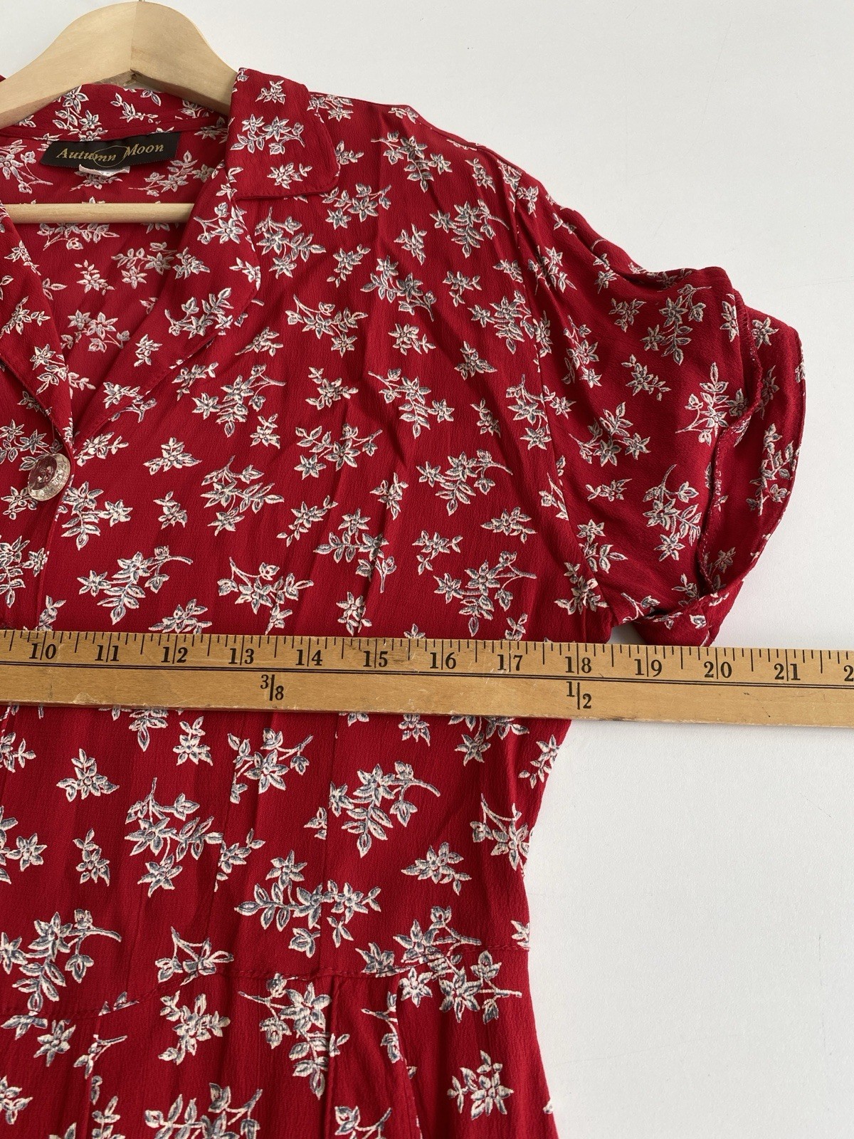 Vintage 90s Autumn Moon S M Rayon Belted Dress Pockets Red Floral USA Retro 50s