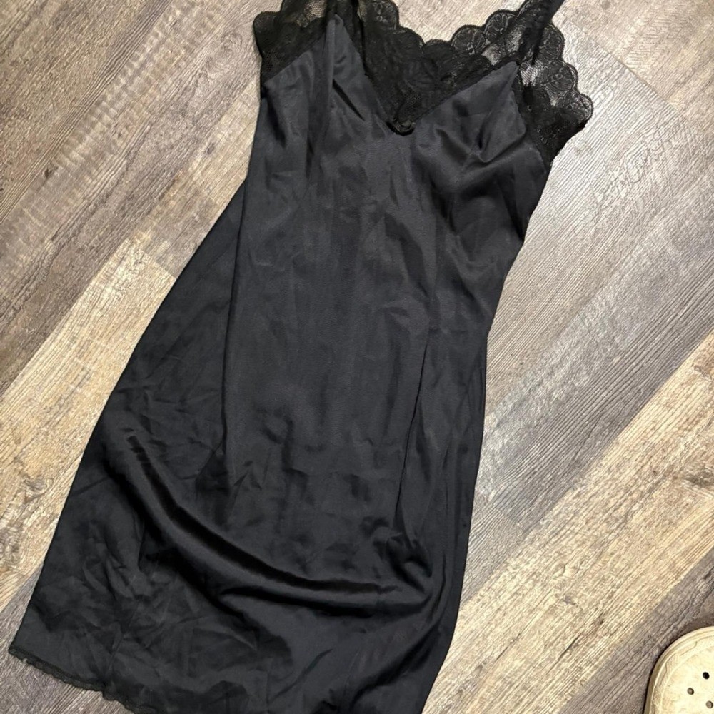 Vintage Vassarette Black lace slip dress with adjustable straps. Size: S