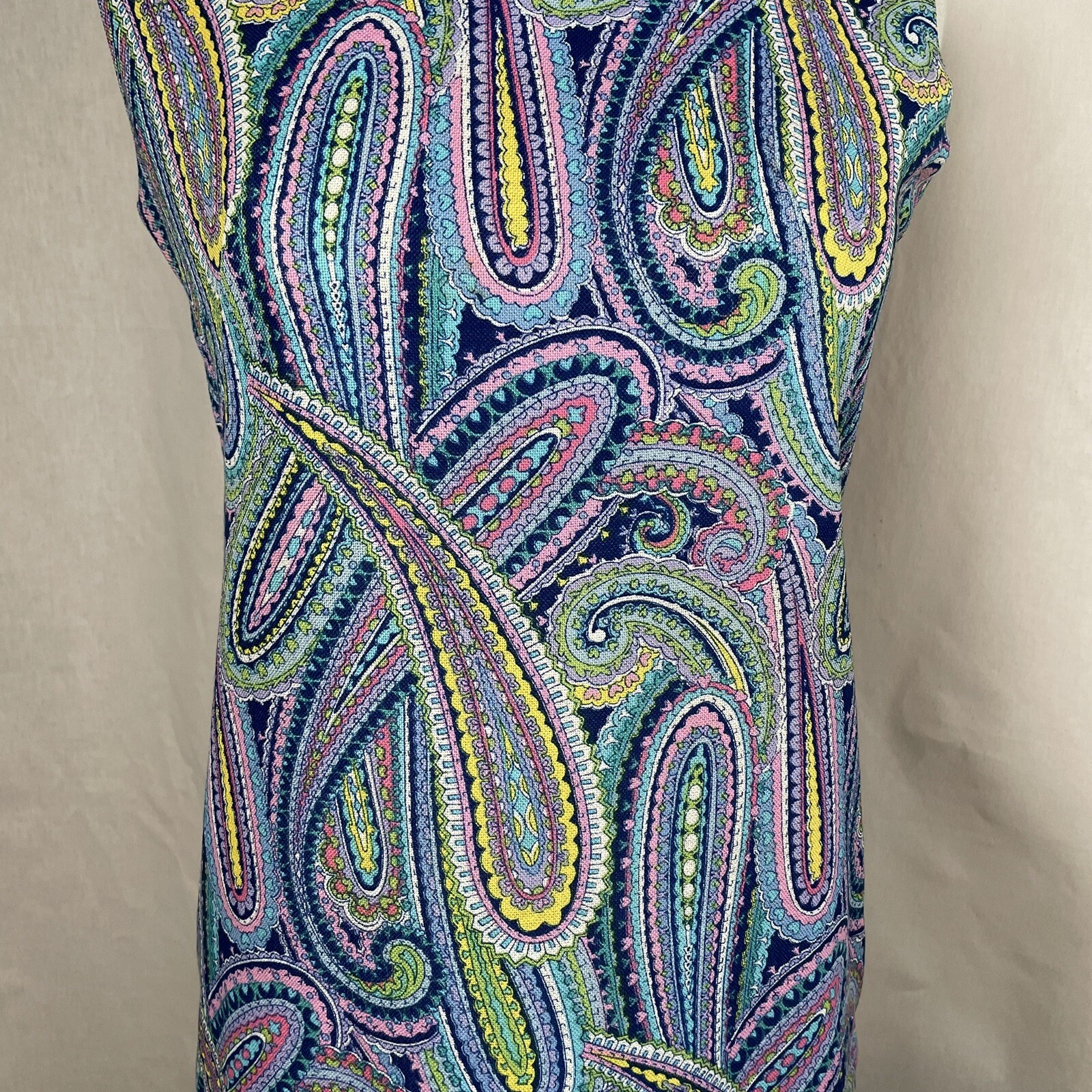 Paisley Shift Dress Vintage 1960s XS Sleeveless Blue Purple Yellow Handmade