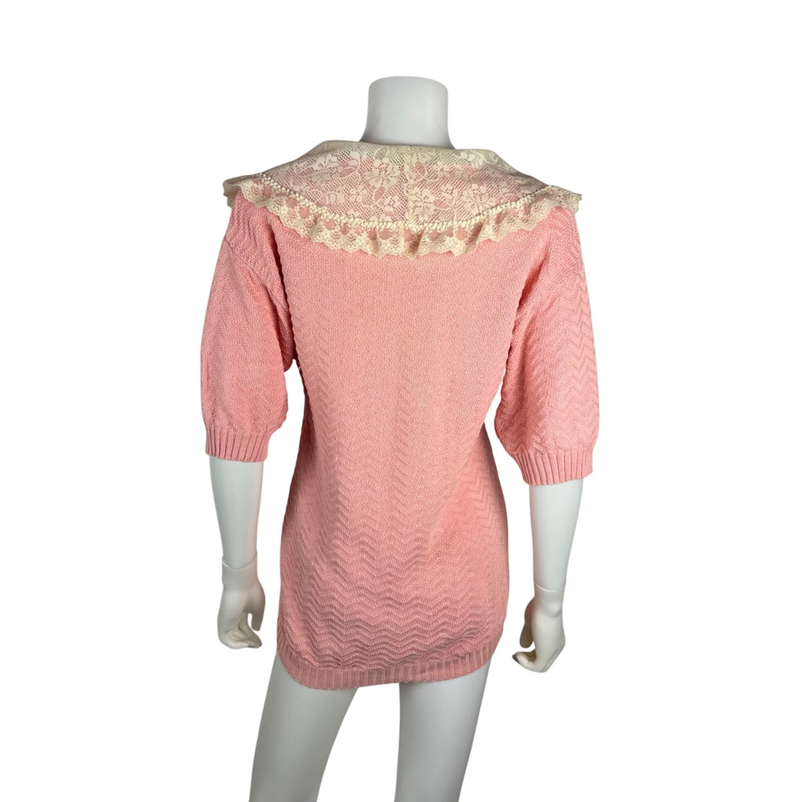Vintage 80s Pink Sweater Womens Small Cream Lace Sailor Collar Romantic Knit Top