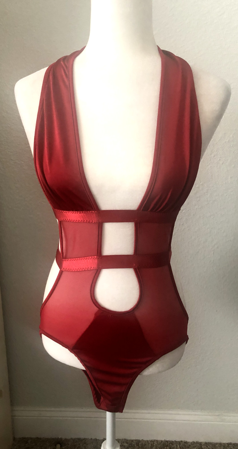 New S Dark Red Liquid Satin & Sheer Sexy 1 PC SUIT Strappy TEDDY Lingerie Halter