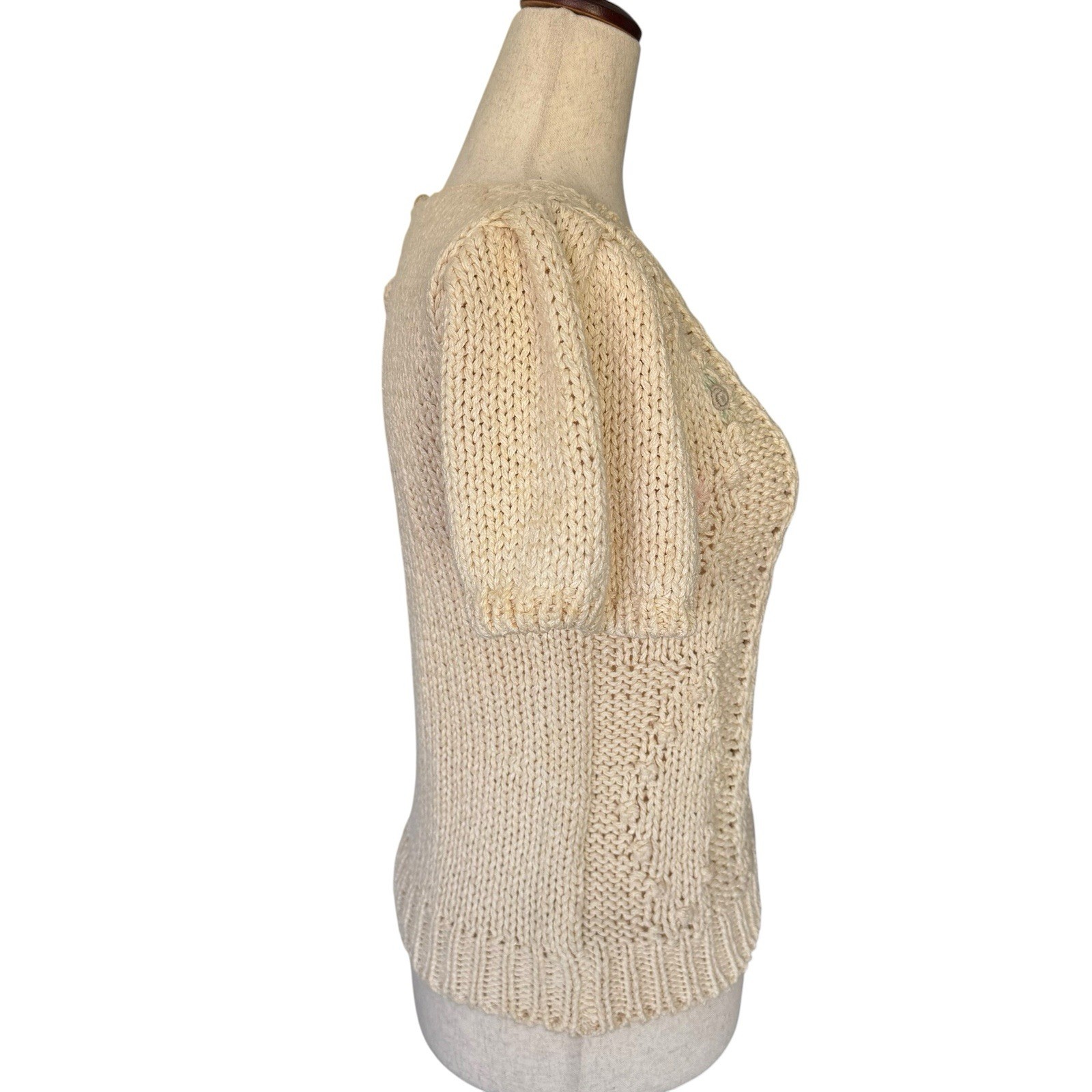 Vintage 80s Hand Knit Sweater Floral Embroidery Puff Sleeve Coquette Cottage