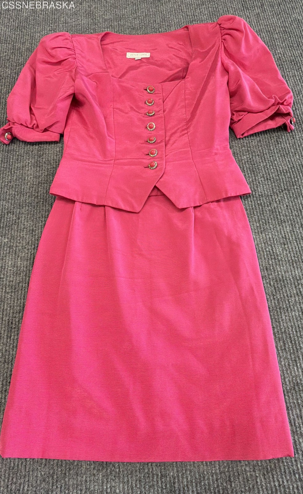 Victor Costa Women’s Vintage 80s 2-Piece Skirt Suit Pink Puff Sleeve Jewel