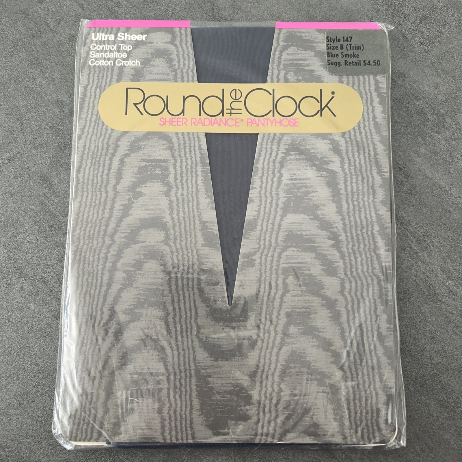 VTG 1987 Round The Clock Sheer Pantyhose Satin Blue Smoke Style 147 Size B Trim