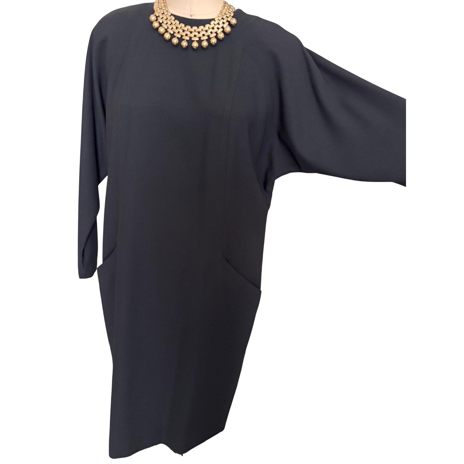 Liz Claiborne Vintage Button Back Shift Dress Womens 8 Black Long Sleeve Pockets