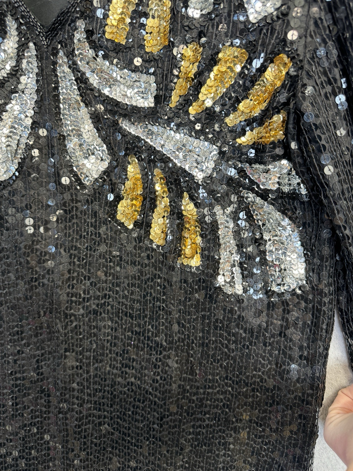 VTG 80s Jewel Queen Black Gold Sequin Beaded Silk Dress Art Deco Statement Piece