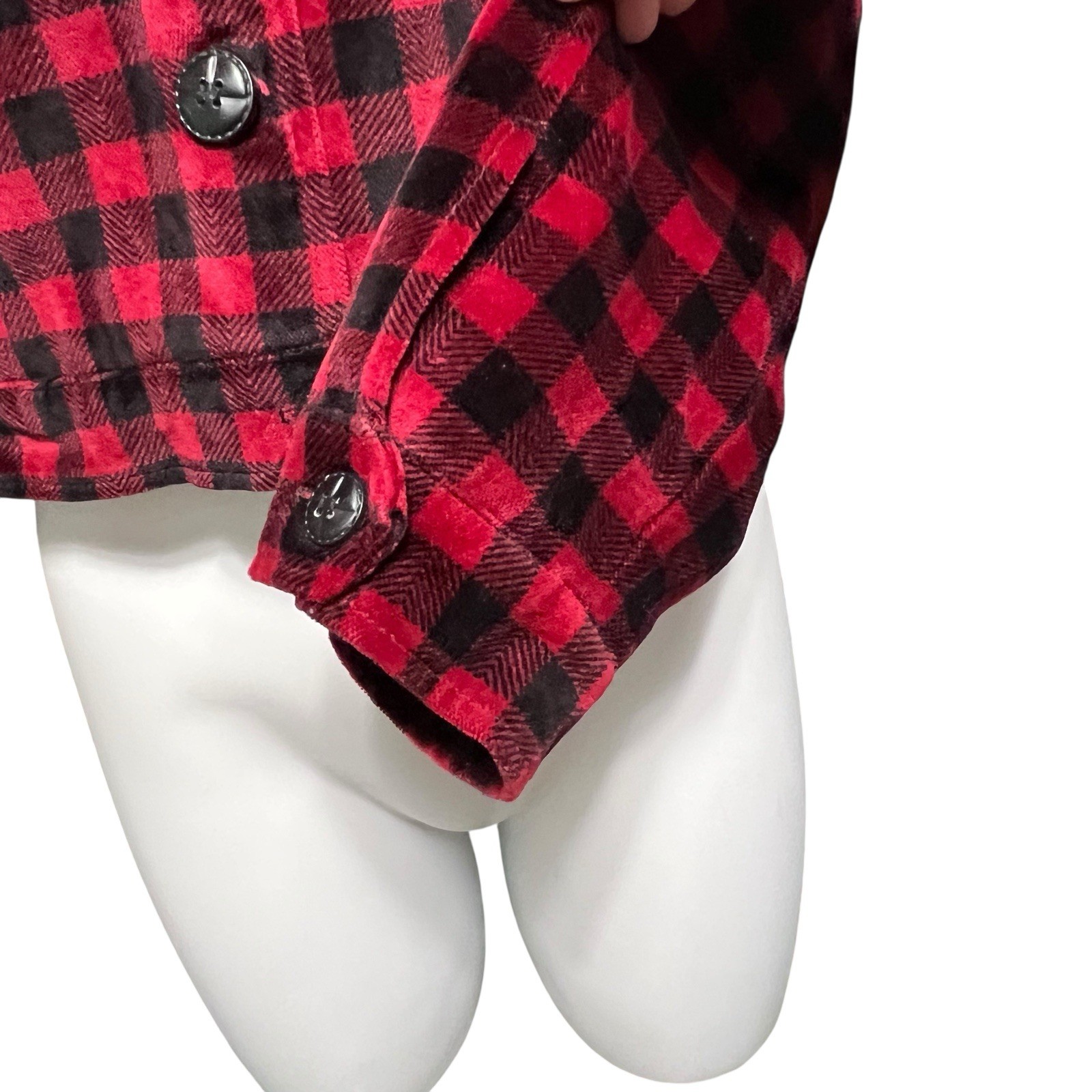 Vtg Bushwacker Cropped Velour Jacket Womens S Red Black Check Plaid USA Made