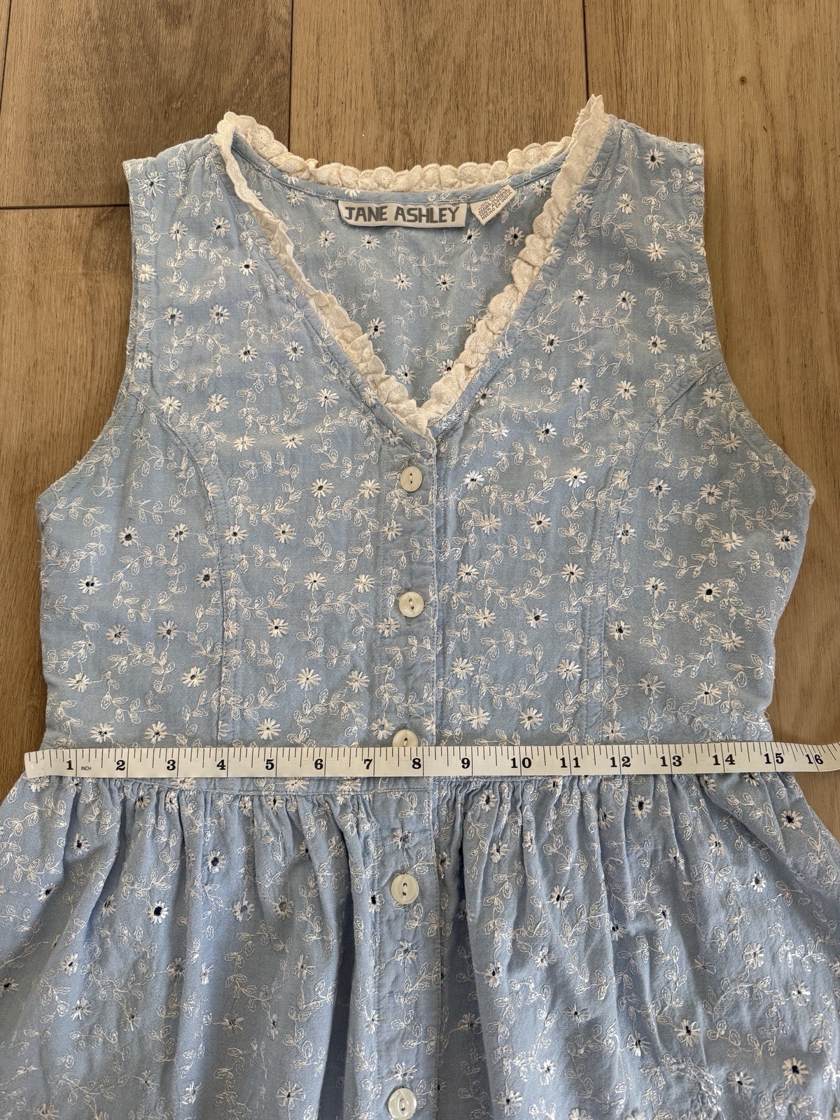 Vintage Jane Ashley Blue Floral Eyelet Cotton Button Front Dress M