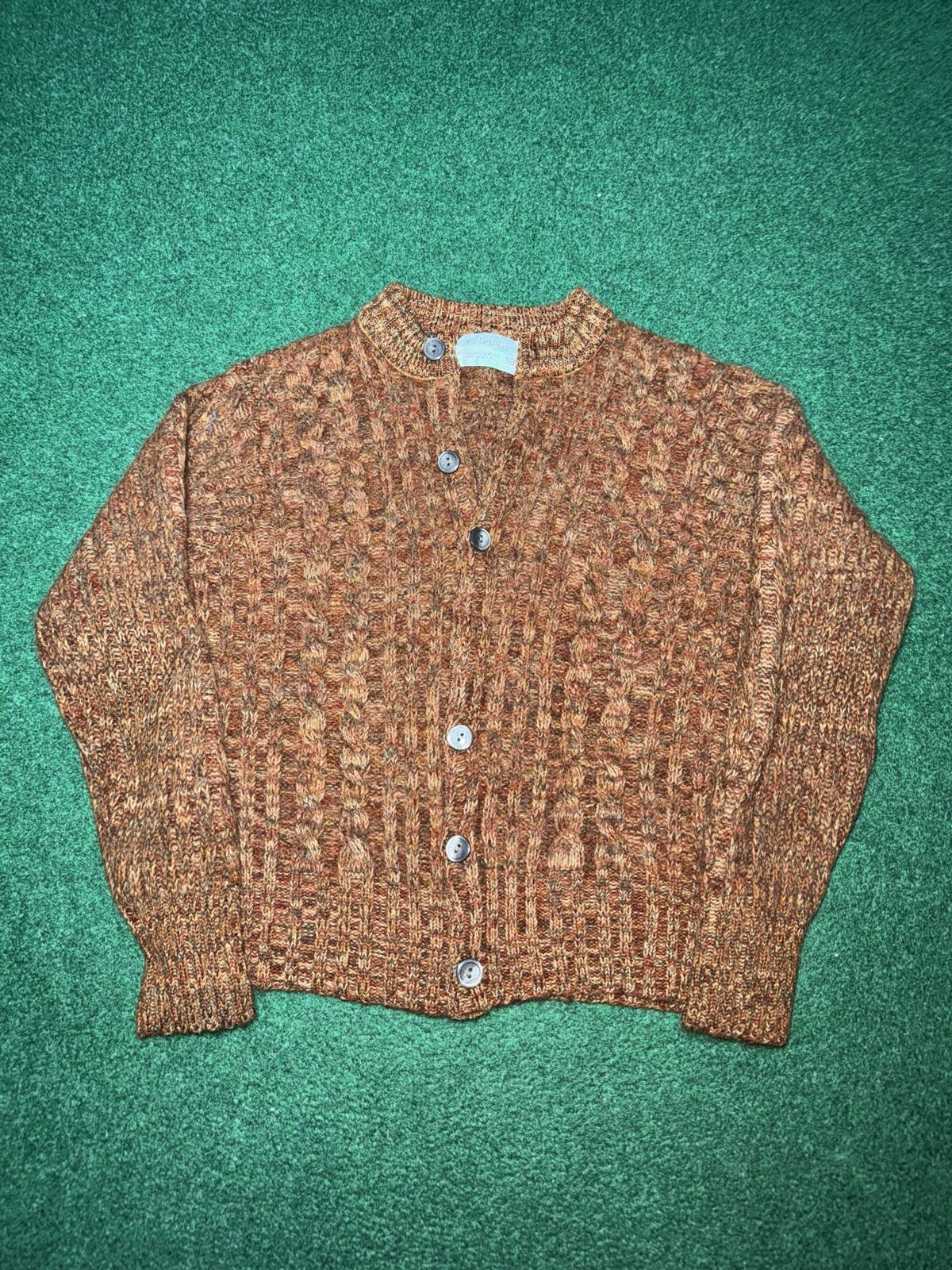 Vintage Thane Virgin Wool 50s 60s Retro Knit Cardigan Orange S/M 18×21 Sweater
